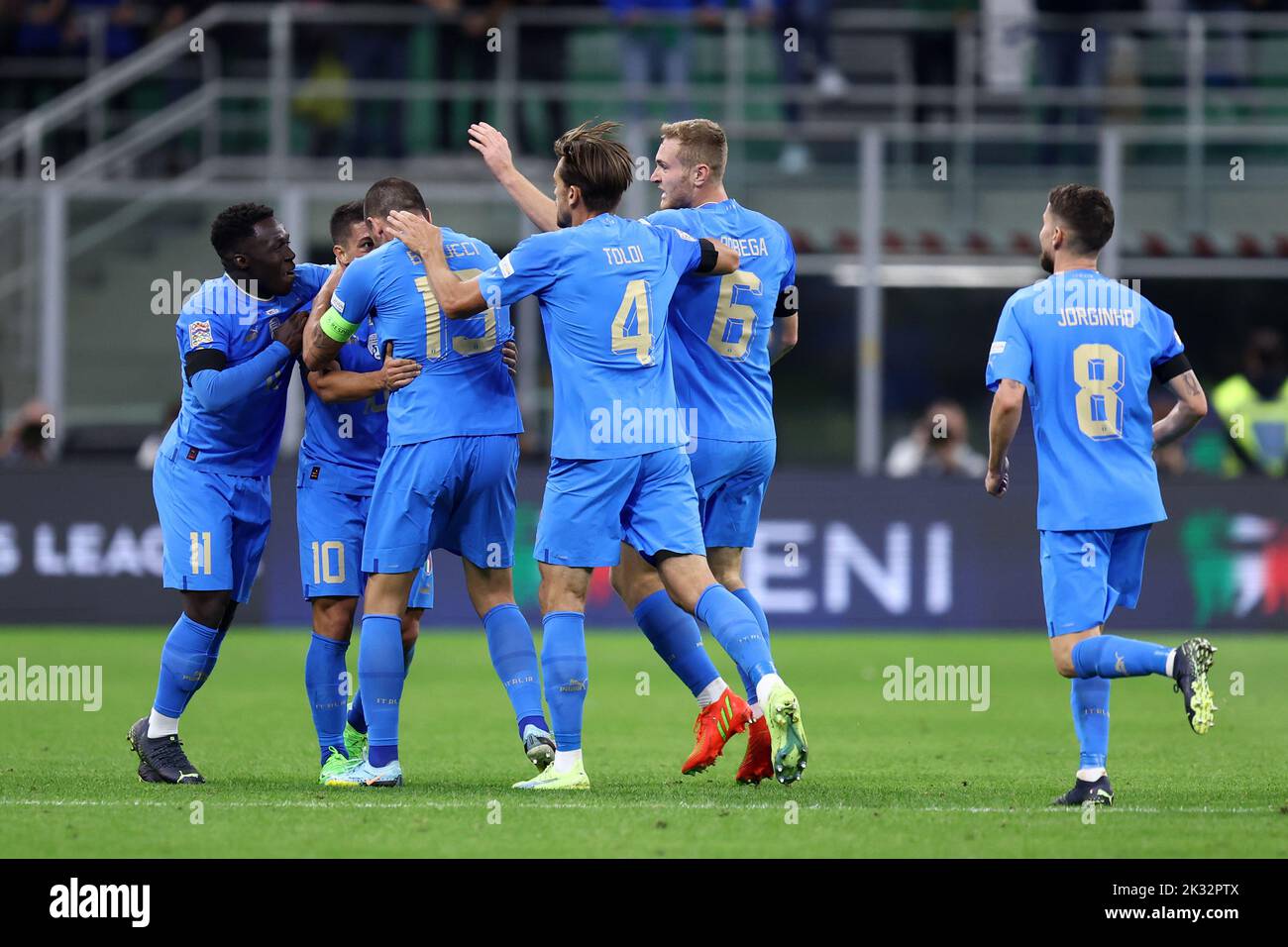 Milan, Italy. 23rd Sep, 2022. Giacomo Raspadori of Italy celebrates after scoring his team's first goal with team mates during the UEFA Nations League League A Group 3 match between Italy and England at San Siro on September 23, 2022 in Milan, Italy. Credit: Marco Canoniero/Alamy Live News Stock Photo