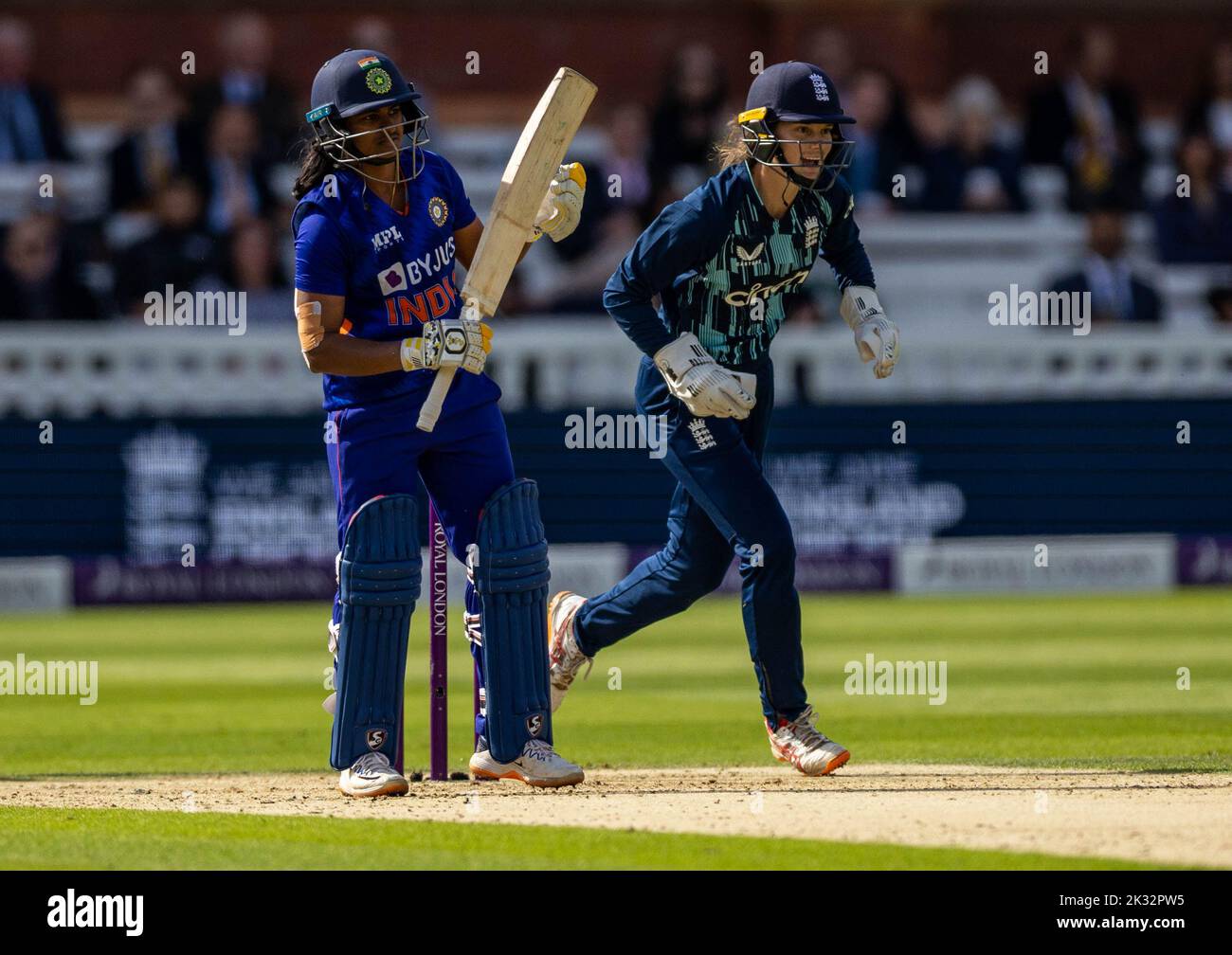 India’s Dayalan Hemalatha looks dejected after being caught out by England's Charlie Dean (not in picture) during the third women's one day international match at Lord's, London. Picture date: Saturday September 24, 2022. Stock Photo
