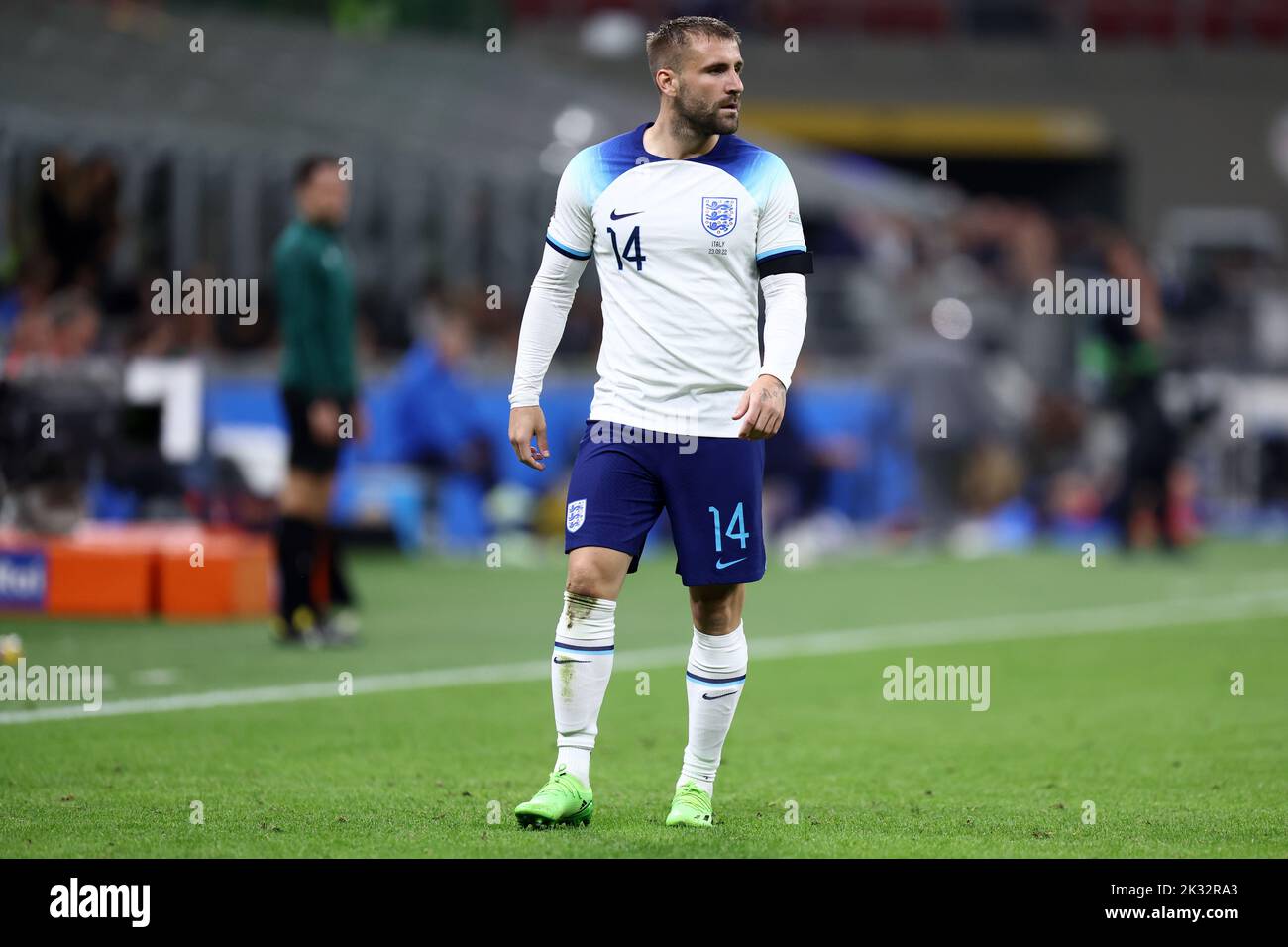 Milan, Italy. 23rd Sep, 2022. Luke Shaw of England looks on during the UEFA Nations League League A Group 3 match between Italy and England at San Siro on September 23, 2022 in Milan, Italy. Credit: Marco Canoniero/Alamy Live News Stock Photo