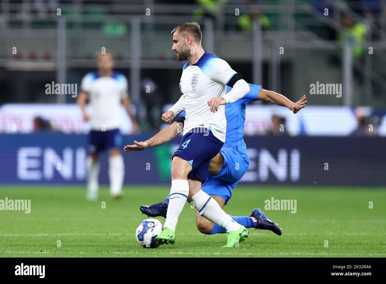 Milan, Italy. 23rd Sep, 2022. Luke Shaw of England controls the ball during the UEFA Nations League League A Group 3 match between Italy and England at San Siro on September 23, 2022 in Milan, Italy. Credit: Marco Canoniero/Alamy Live News Stock Photo