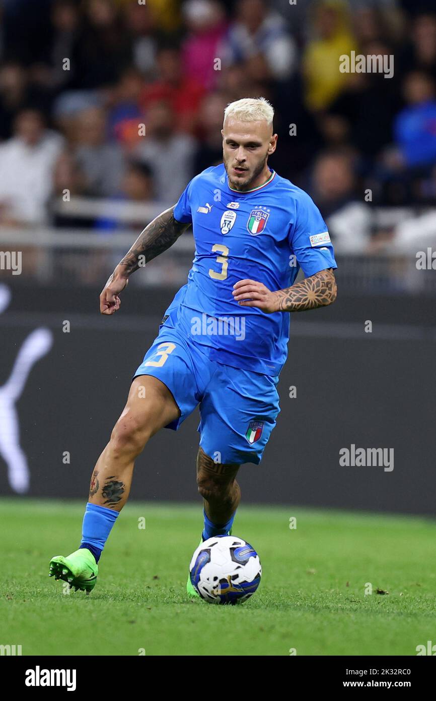 Milan, Italy. 23rd Sep, 2022. Federico Dimarco of Italy controls the ball during the UEFA Nations League League A Group 3 match between Italy and England at San Siro on September 23, 2022 in Milan, Italy. Credit: Marco Canoniero/Alamy Live News Stock Photo