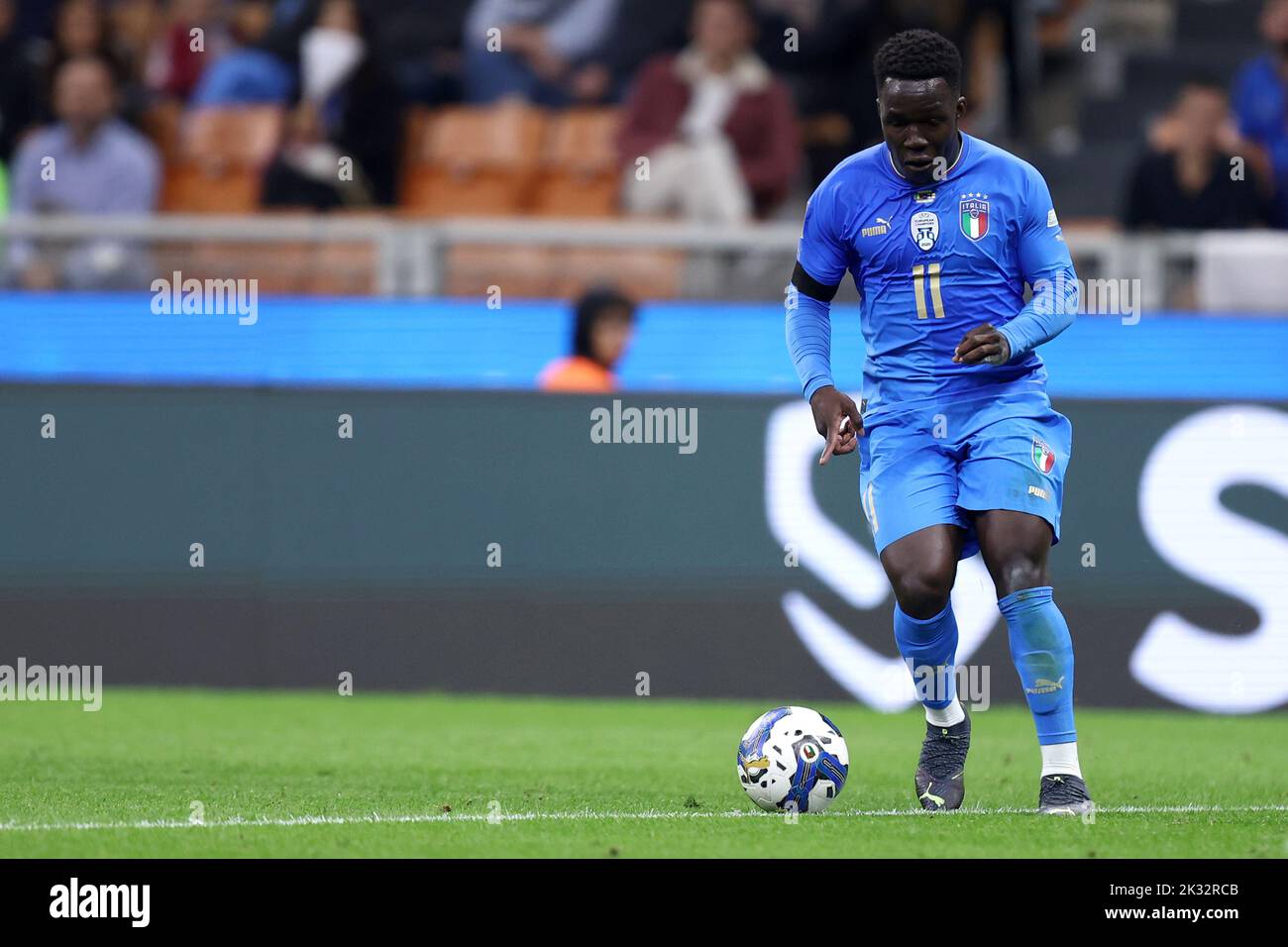 Milan, Italy. 23rd Sep, 2022. Wilfried Gnonto of Italy controls the ball during the UEFA Nations League League A Group 3 match between Italy and England at San Siro on September 23, 2022 in Milan, Italy. Credit: Marco Canoniero/Alamy Live News Stock Photo