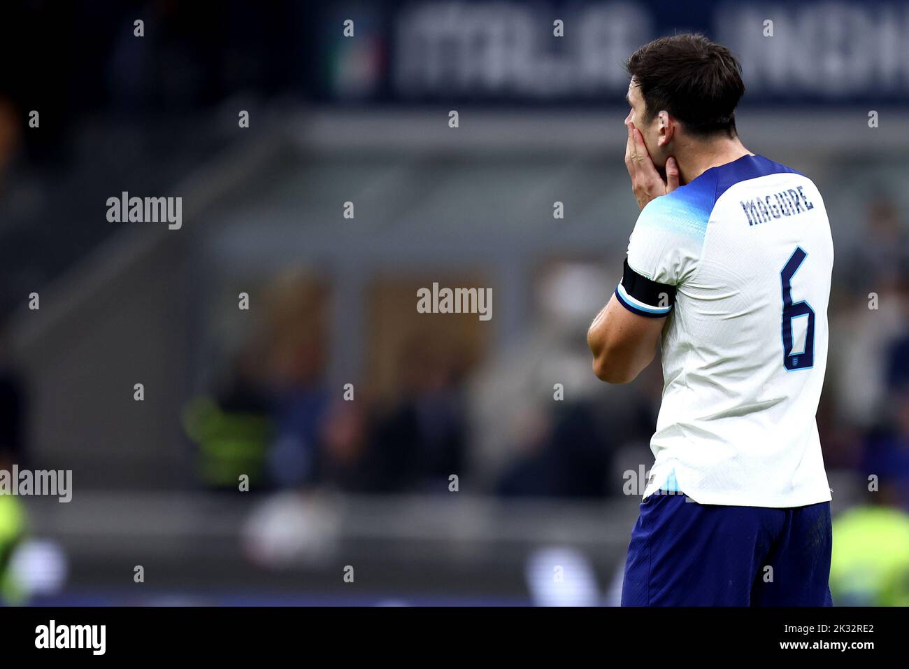 Milan, Italy. 23rd Sep, 2022. Harry Maguire of England looks dejected at the end of the UEFA Nations League League A Group 3 match between Italy and England at San Siro on September 23, 2022 in Milan, Italy. Credit: Marco Canoniero/Alamy Live News Stock Photo