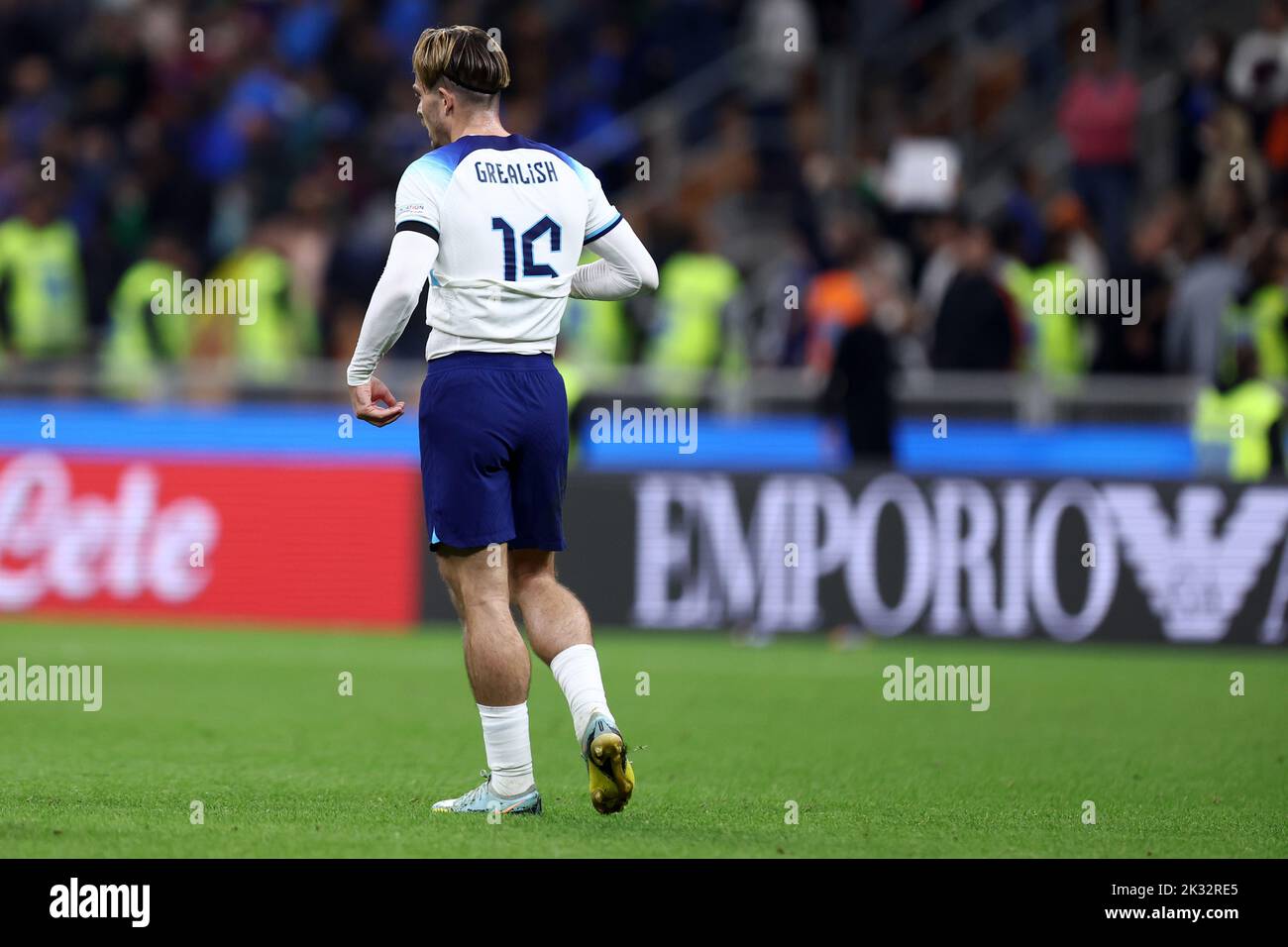 Milan, Italy. 23rd Sep, 2022. Jack Grealish of England looks dejected at the end of the UEFA Nations League League A Group 3 match between Italy and England at San Siro on September 23, 2022 in Milan, Italy. Credit: Marco Canoniero/Alamy Live News Stock Photo