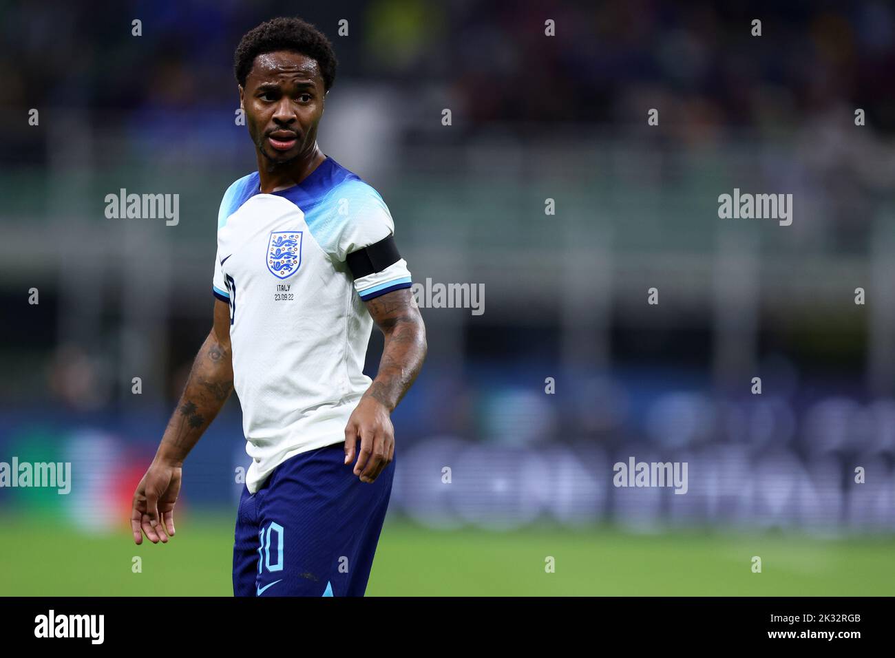 Milan, Italy. 23rd Sep, 2022. Raheem Sterling of England looks on during the Uefa Nations League Group 3 football match between Italy and England at San Siro on September 23, 2022 in Milan, Italy. Credit: Marco Canoniero/Alamy Live News Stock Photo