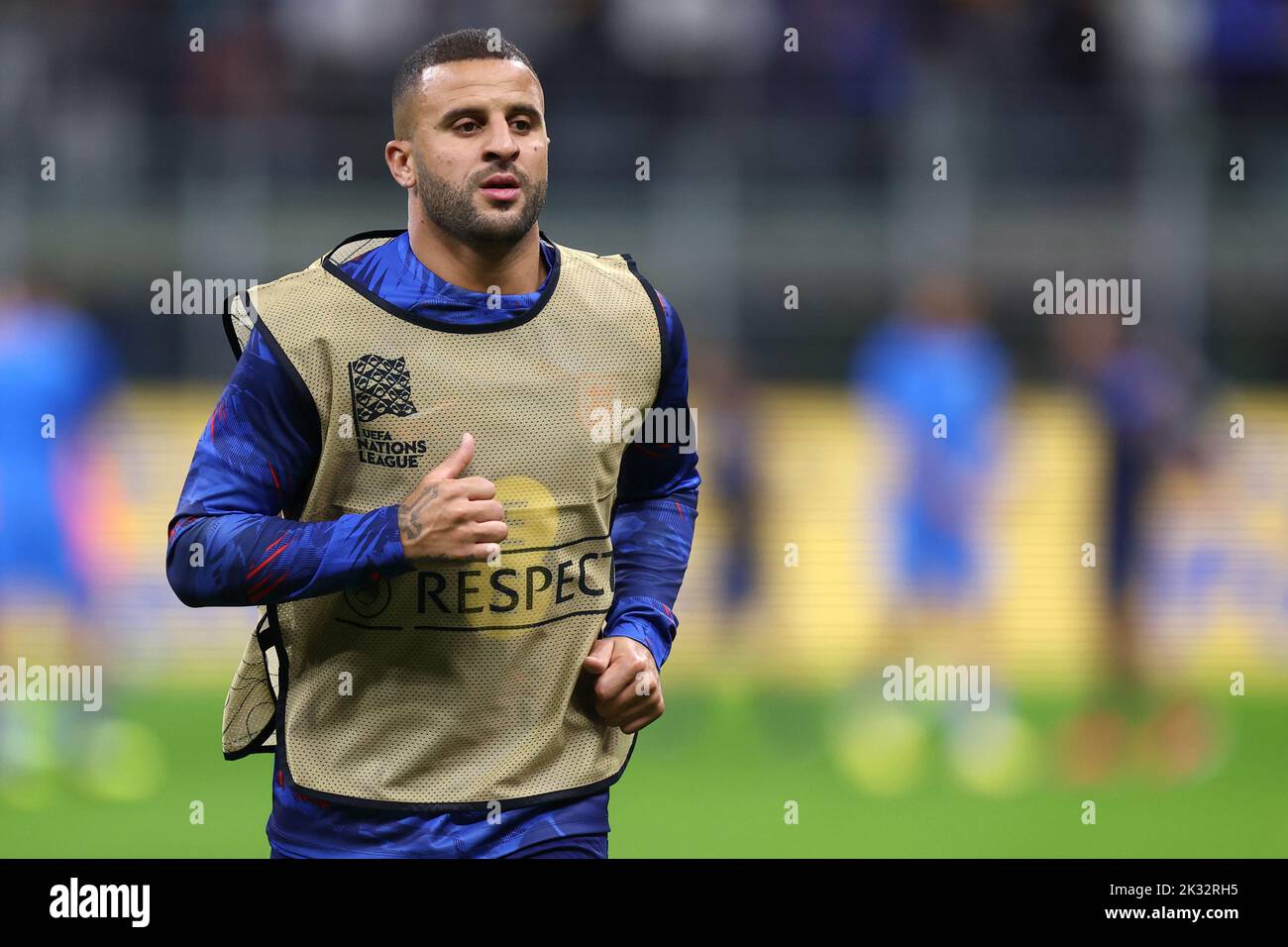 Milan, Italy. 23rd Sep, 2022. Kyle Walker of England during warm up before the Uefa Nations League Group 3 football match between Italy and England at San Siro on September 23, 2022 in Milan, Italy. Credit: Marco Canoniero/Alamy Live News Stock Photo