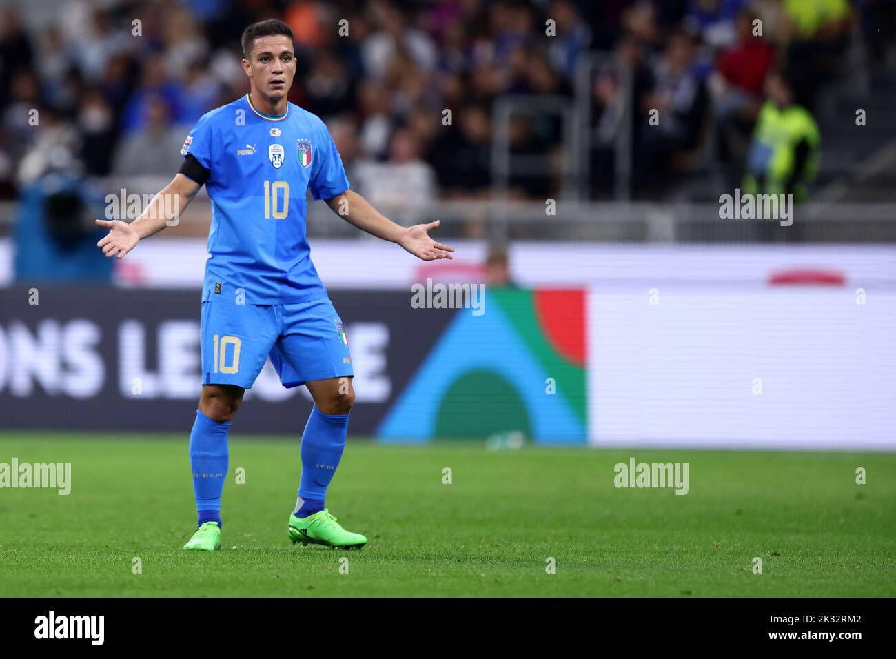 Milan, Italy. 23rd Sep, 2022. Giacomo Raspadori of Italy gestures during the Uefa Nations League Group 3 football match between Italy and England at San Siro on September 23, 2022 in Milan, Italy. Credit: Marco Canoniero/Alamy Live News Stock Photo