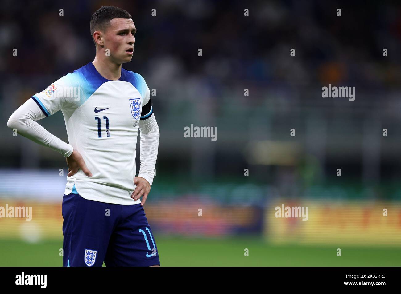 Milan, Italy. 23rd Sep, 2022. Phil Foden of England looks on during the Uefa Nations League Group 3 football match between Italy and England at San Siro on September 23, 2022 in Milan, Italy. Credit: Marco Canoniero/Alamy Live News Stock Photo