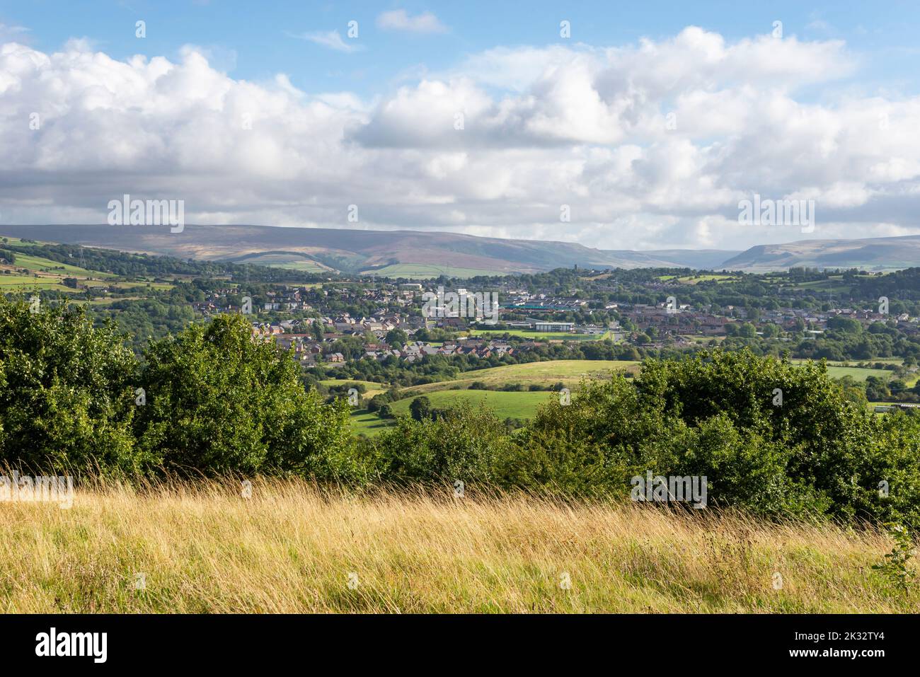 View of Mottram in Longdendale and Hattersley from Werneth Low country park near Hyde in Tameside, Greater Manchester. Stock Photo
