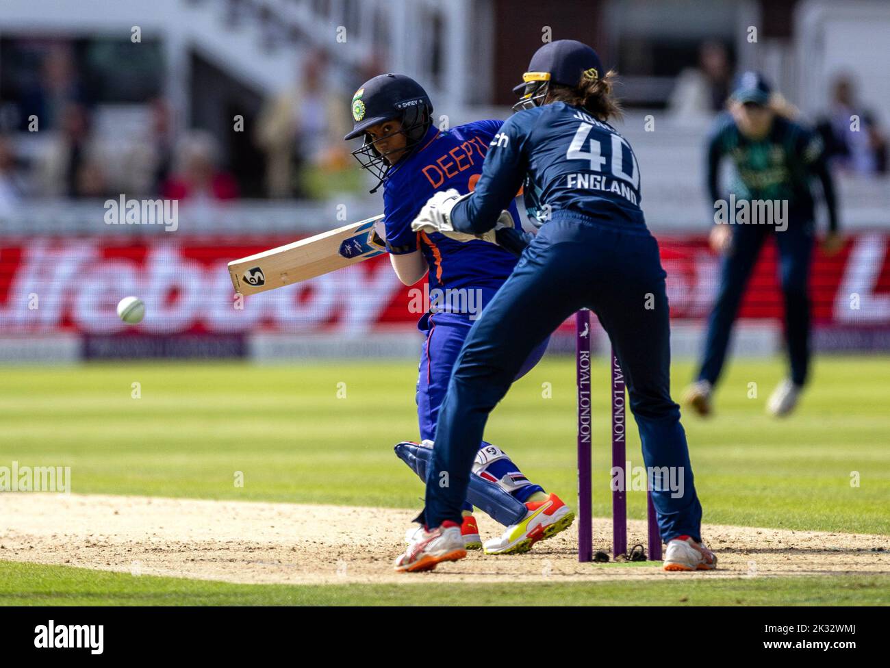 India’s Deepti Sharma making her 50th run during the third women's one day international match at Lord's, London. Picture date: Saturday September 24, 2022. Stock Photo