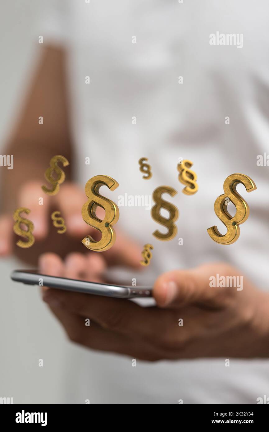The woman scrolling the smartphone with the paragraph symbol icons ...