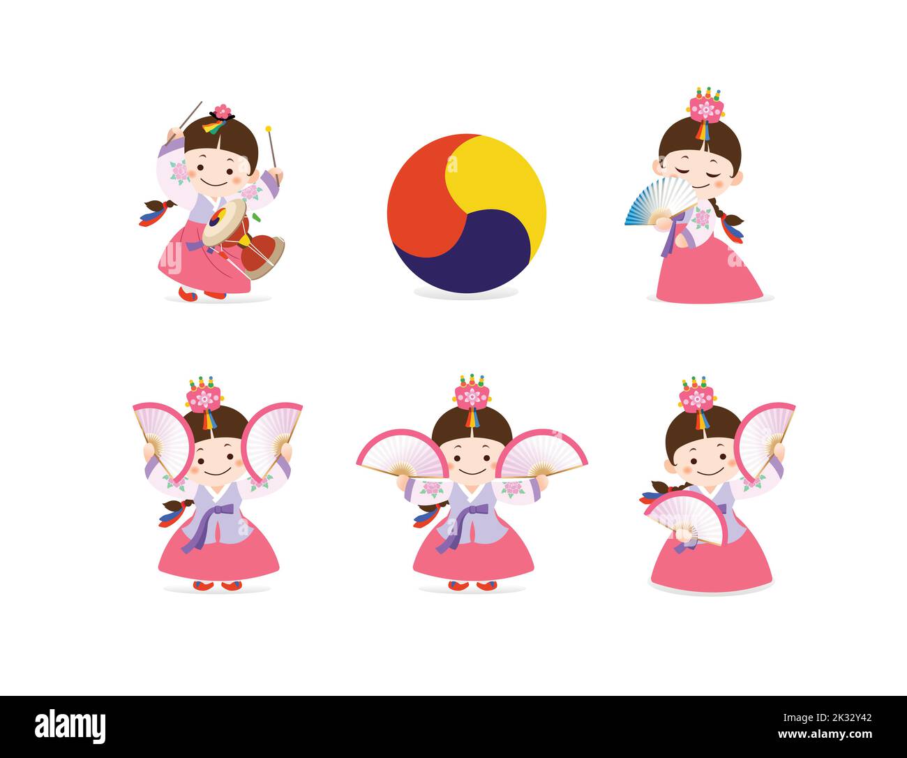 Korean traditional fan dance and Janggu dance performance, girl in hanbok character design set Stock Vector