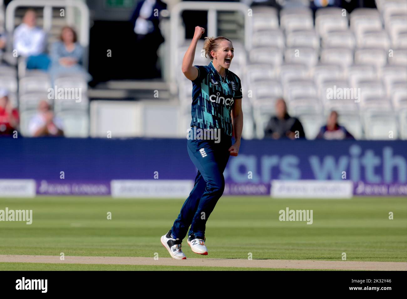 London, UK. 24 September 2022.  England’s Kate Cross gets Shafali Verma as England women take on India in the 3rd Royal London One Day International at Lords. David Rowe/Alamy Live News. Stock Photo