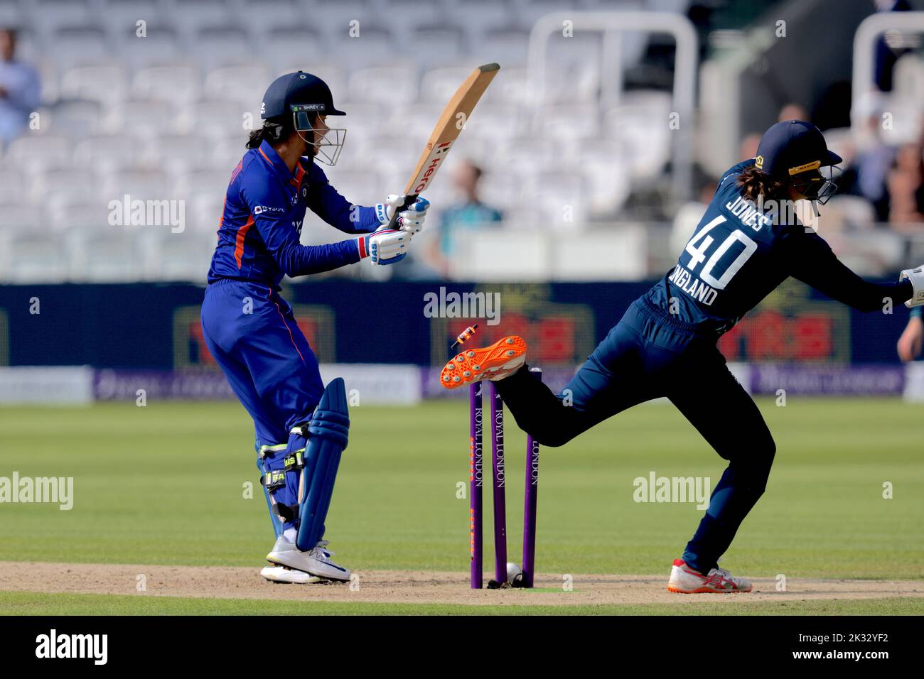 London, UK. 24 September 2022.  England’s Kate Cross gets the wicket  of Smriti MandhanaEngland women take on India in the 3rd Royal London One Day International at Lords. David Rowe/Alamy Live News. Stock Photo
