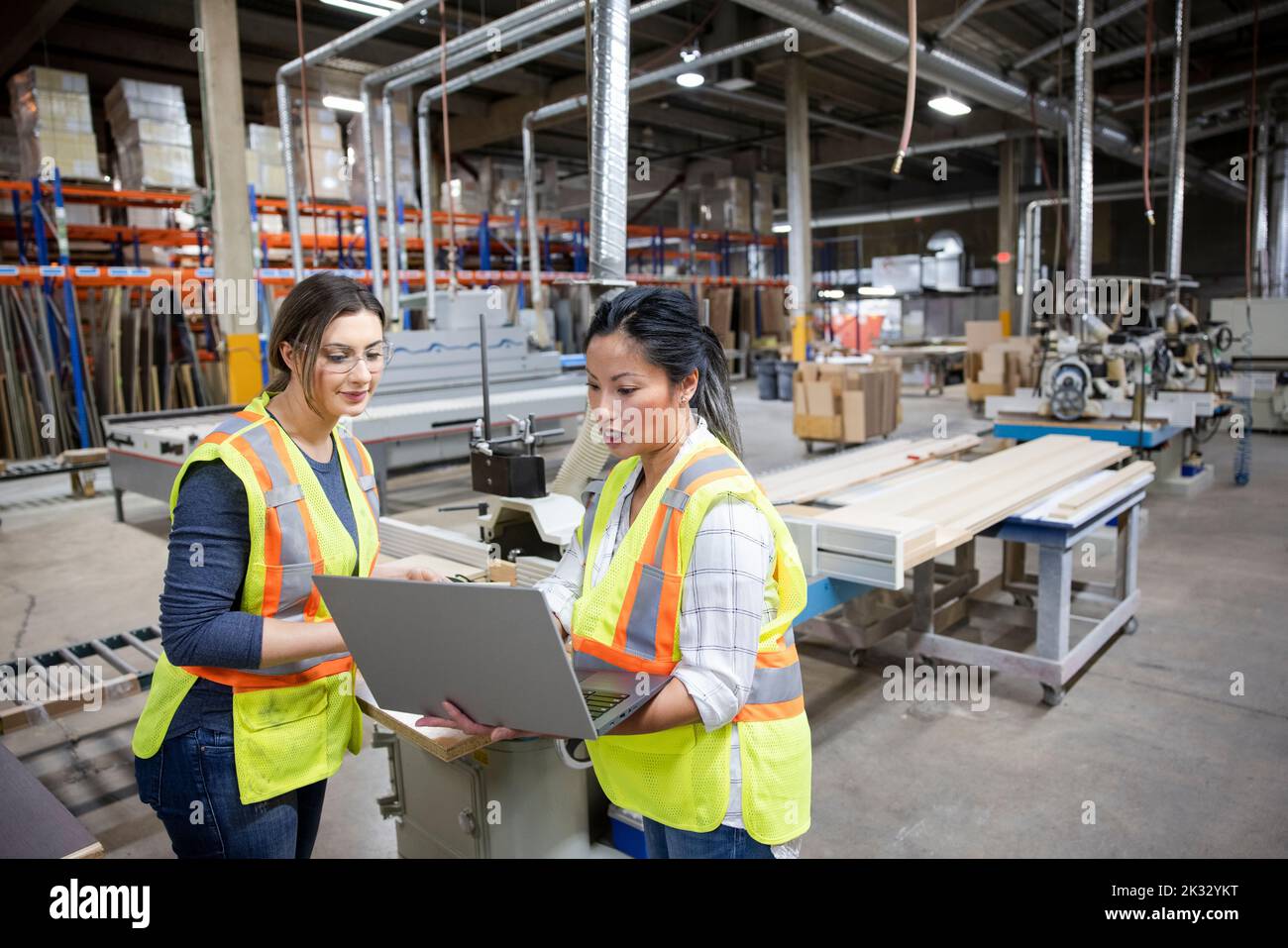 Colleagues discussing work with laptop in distribution warehouse Stock Photo