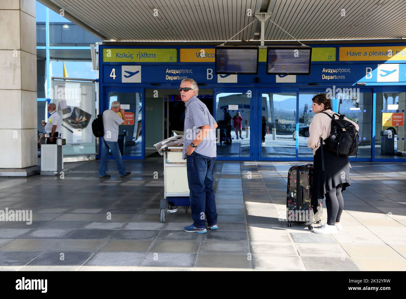 Athens International Airport Eleftherios Venizelos Greece Tourists at Departure Entrance Stock Photo