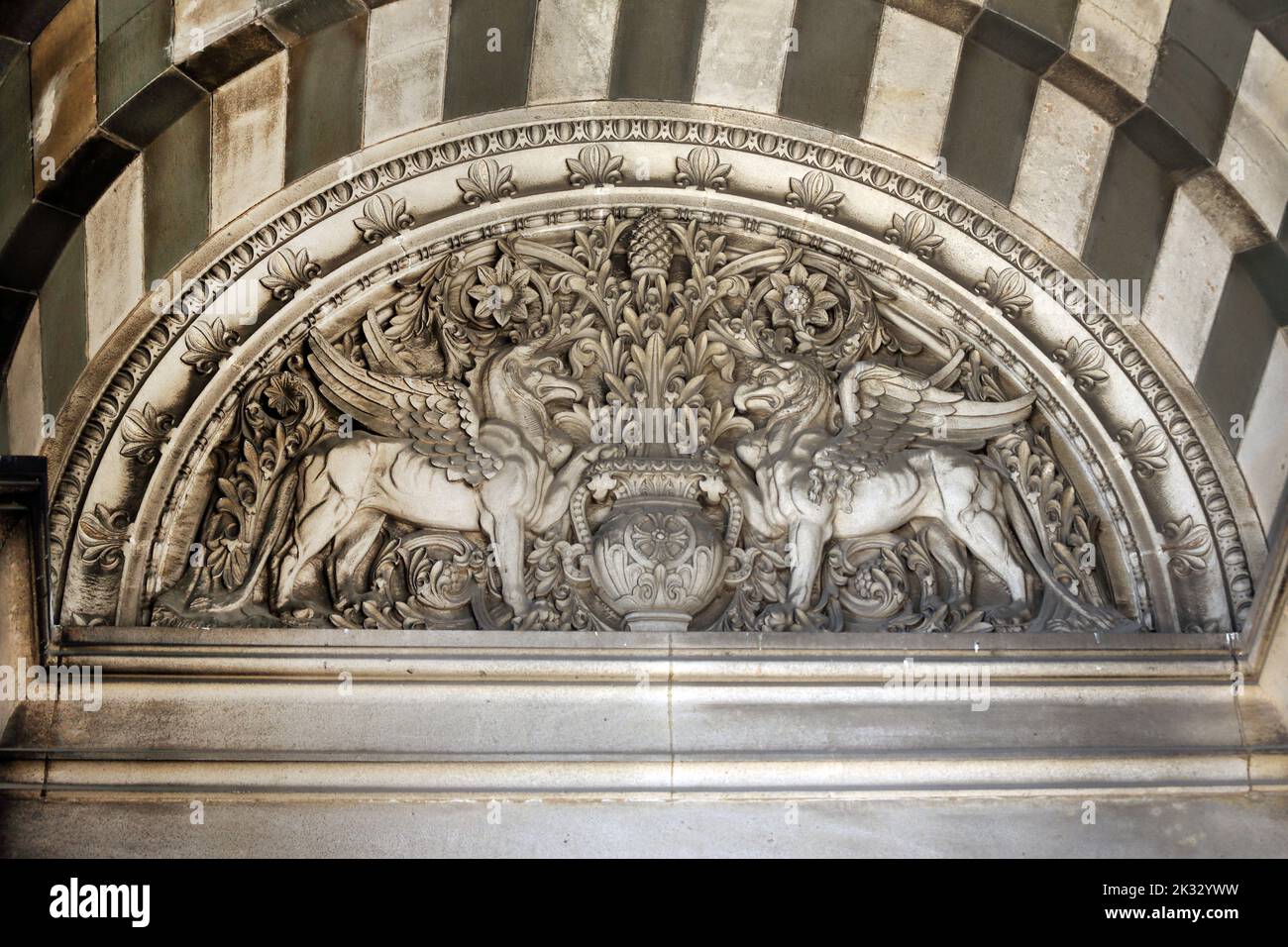 Cathedrale Sainte-Marie-Majeure (Cathedral of Saint Mary Major) Detail of Winged Horse like Creatures above Entrance Marseille France Stock Photo