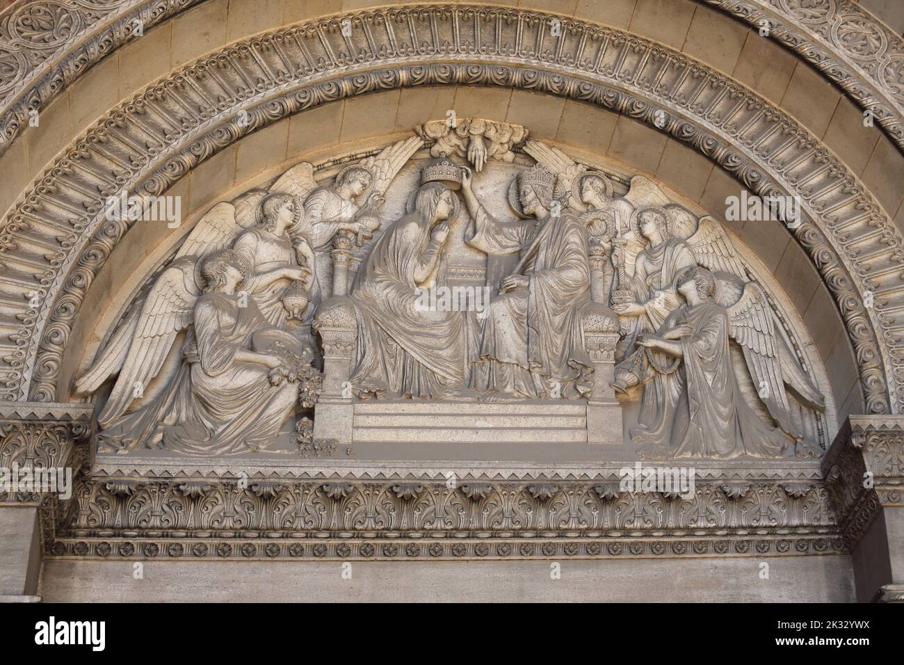 Cathedrale Sainte-Marie-Majeure (Cathedral of Saint Mary Major) Tympanum Above Entrance of the Virgin Mary's Coronation by Eugene Guillaume Marseille Stock Photo