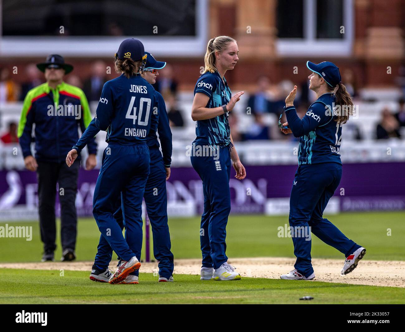 England's Freya Kemp celebrates the wicket of India’s Jhulan (not in picture) during the third women's one day international match at Lord's, London. Picture date: Saturday September 24, 2022. Stock Photo
