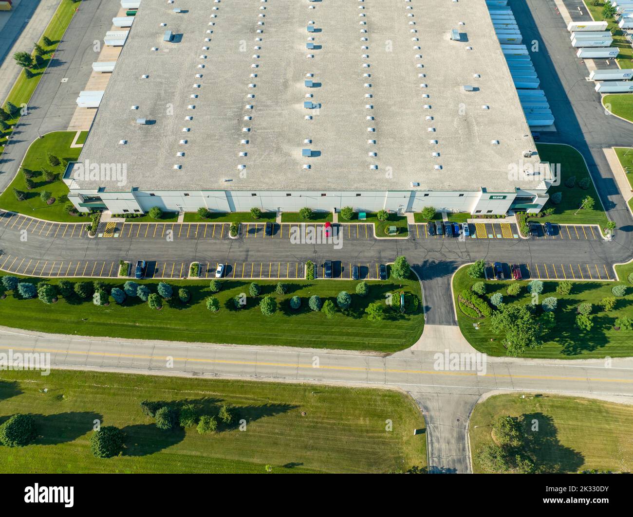 An aerial shot of the Uline Warehouse in Kenosha Wisconsin Stock Photo