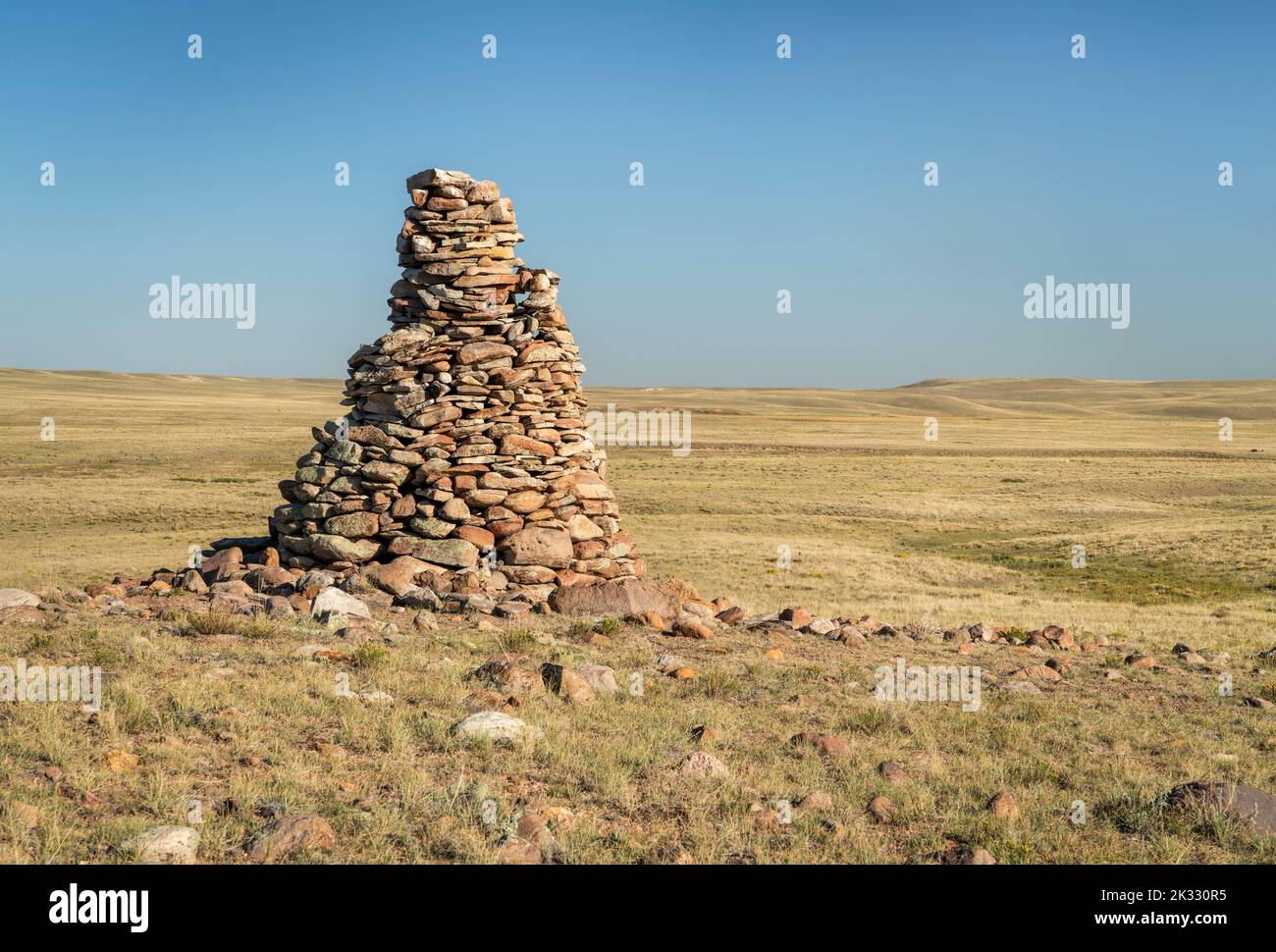 large cairn overlooking Colorado prairie, Soapstone Prairie Natural Area near Fort Collins Stock Photo
