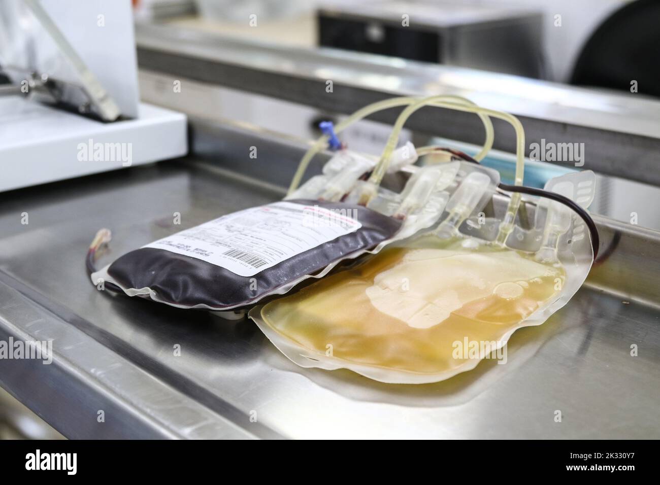 Nakuru, Kenya. 23rd Sep, 2022. Bags of donated blood are placed on the table for processing at