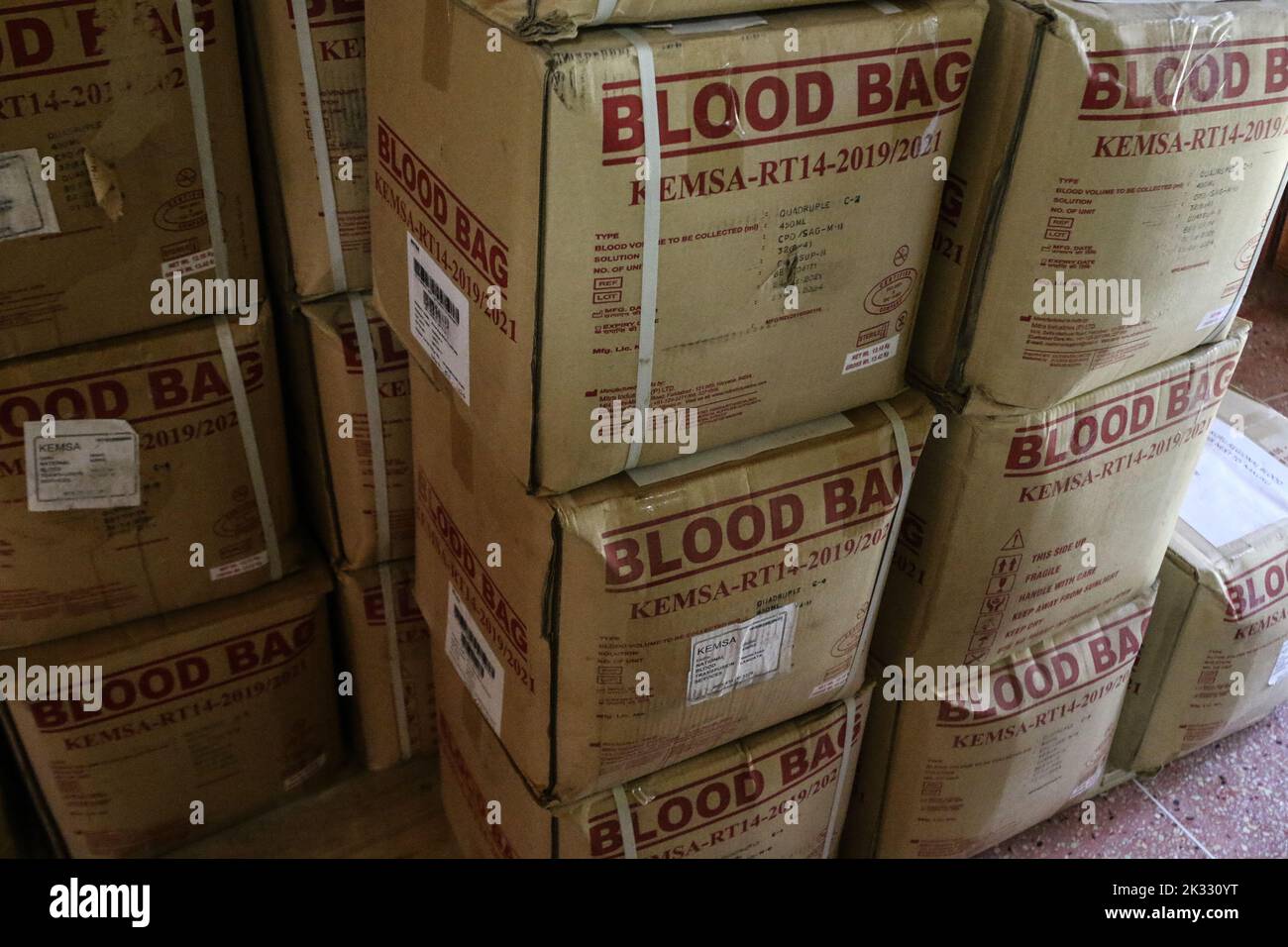 Nakuru, Kenya. 23rd Sep, 2022. Boxes containing blood bags are seen at Nakuru Regional Blood