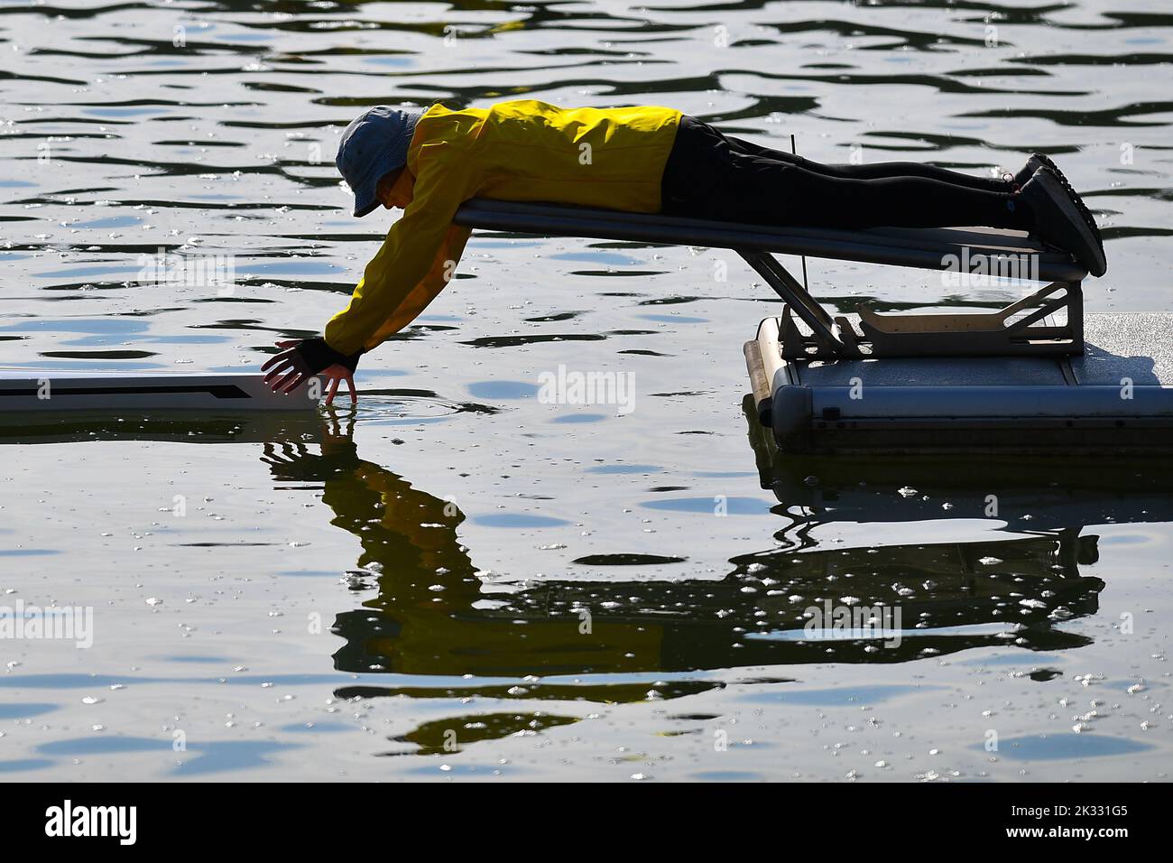 Racice, Czech Republic. 24th Sep, 2022. Operator launches the ship at take-off during the 2022 World Rowing Championships at the Labe Arena Racice on September 23, 2022 in Racice, Czech Republic. Credit: Vit Cerny/CTK Photo/Alamy Live News Stock Photo