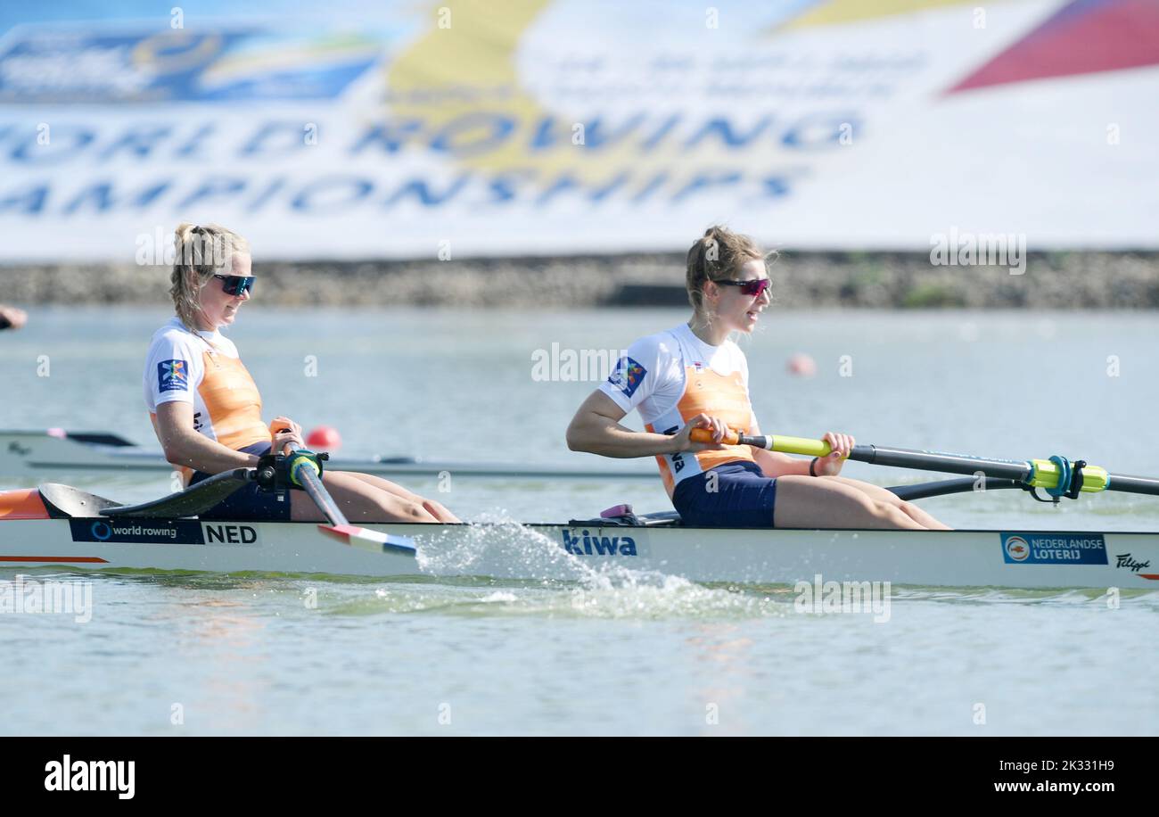 Racice, Czech Republic. 24th Sep, 2022. Ymkje Clevering, Veronique Meester of Netherlands compete in the Women's Pair Final A during Day 7 of the 2022 World Rowing Championships at the Labe Arena Racice on September 24, 2022 in Racice, Czech Republic. Credit: Jan Stastny/CTK Photo/Alamy Live News Stock Photo