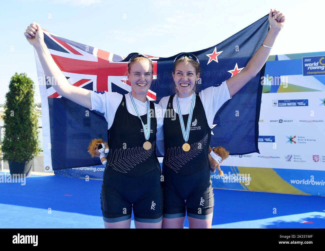 Racice, Czech Republic. 24th Sep, 2022. The winners Grace Prendergast, Kerri Williams of New Zealand pose during medal ceremony the Women's Pair Final A during Day 7 of the 2022 World Rowing Championships at the Labe Arena Racice on September 24, 2022 in Racice, Czech Republic. Credit: Jan Stastny/CTK Photo/Alamy Live News Stock Photo