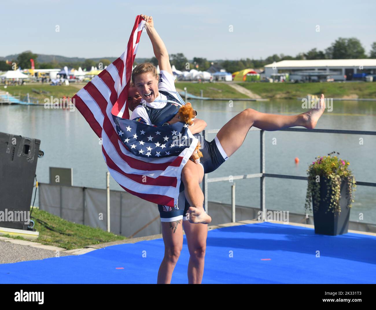 Racice, Czech Republic. 24th Sep, 2022. Mary Reckford, Michelle Sechser of USA celebrate the second place in the Lightweight Women's Double Sculls Final A during Day 7 of the 2022 World Rowing Championships at the Labe Arena Racice on September 24, 2022 in Racice, Czech Republic. Credit: Jan Stastny/CTK Photo/Alamy Live News Stock Photo