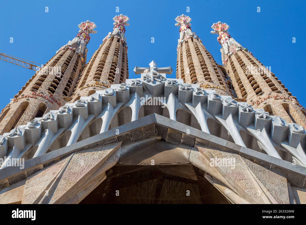 Top of the Passion Façade of the Sagrada Família, Barcelona, Spain Stock Photo