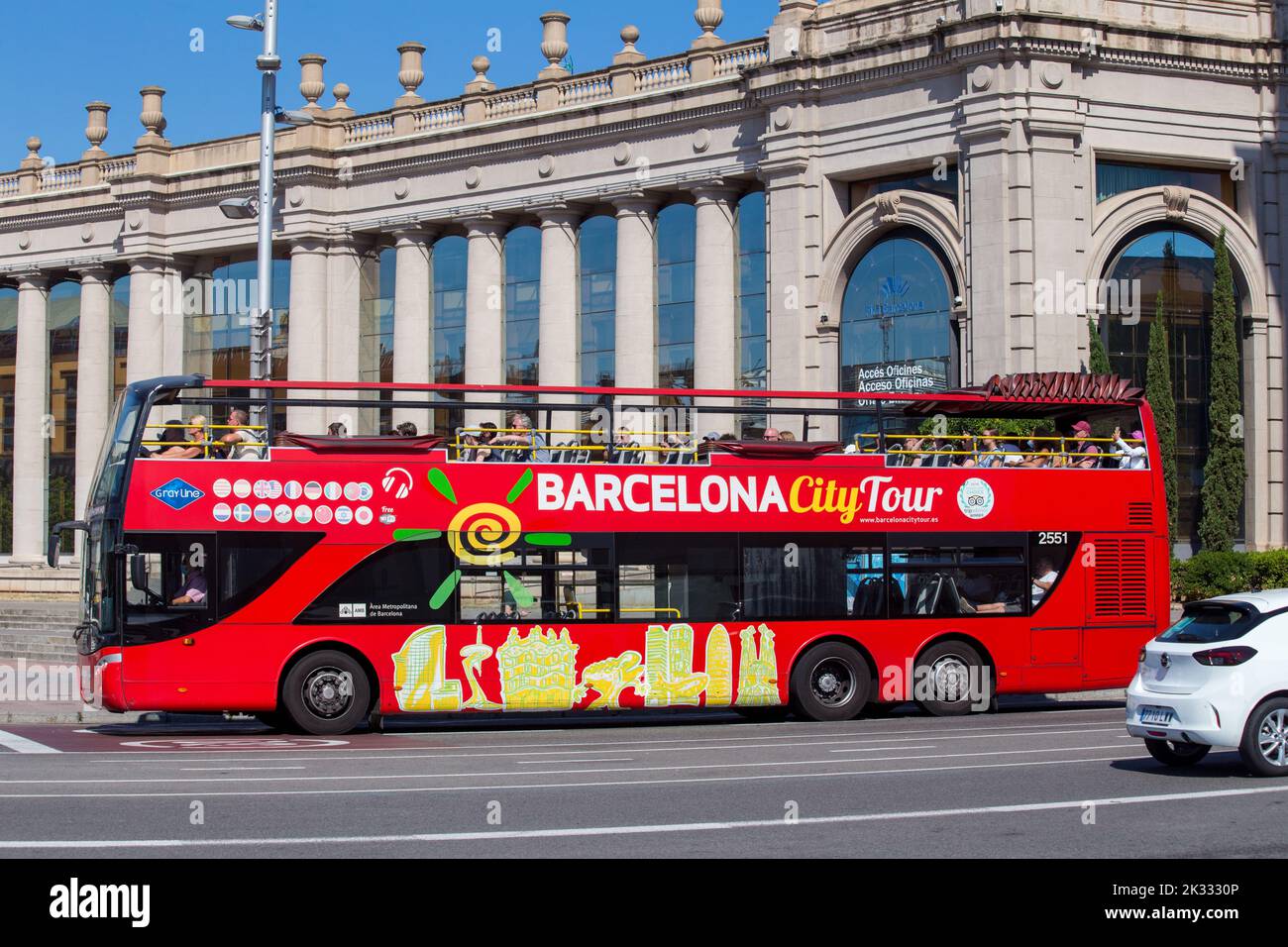 Double decker city tour tourist bus in Placa d'Espanya, Barcelona, Spain Stock Photo