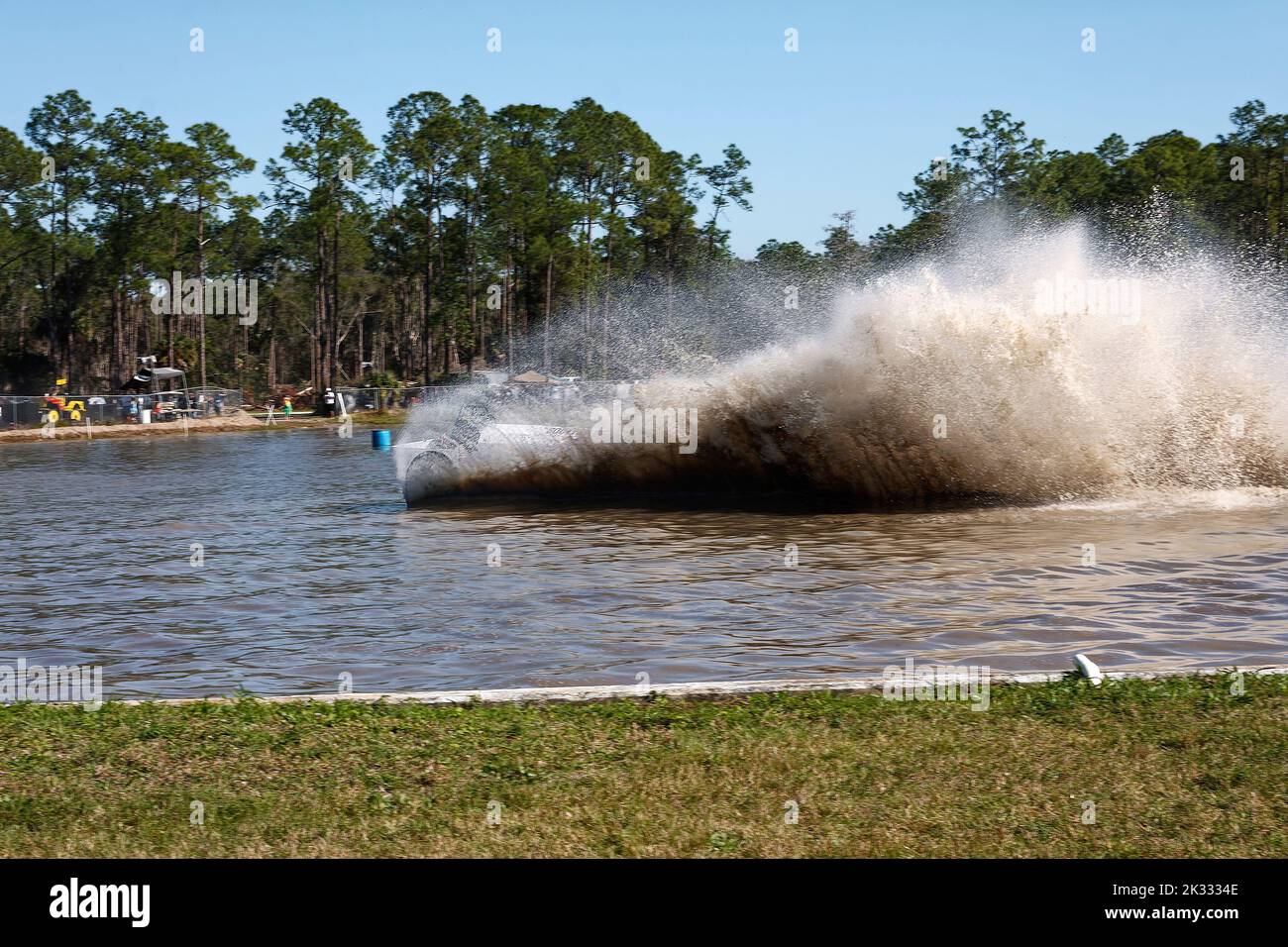 swamp buggy racing, very large water spray, action, contest, motion, sport, fast, Florida Sports Park, Naples, FL Stock Photo