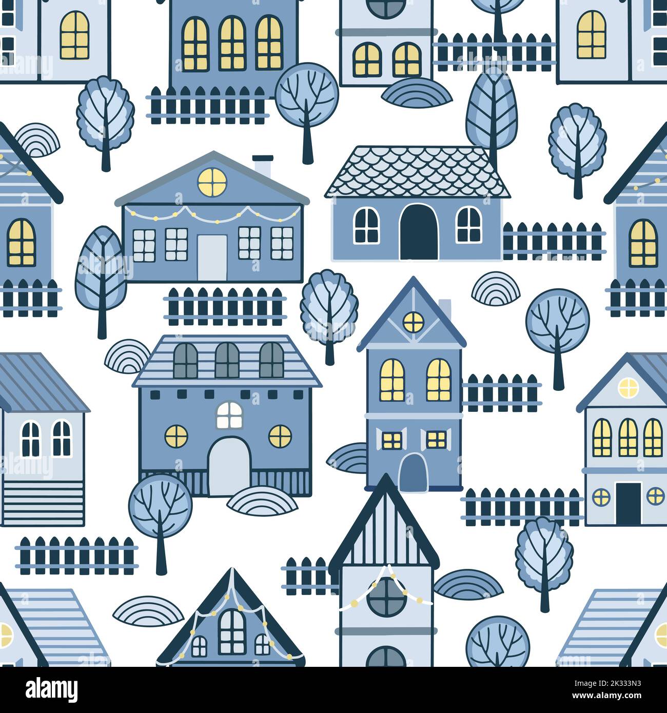 Vector Seamless pattern with hand drawn tree and house. Great for ...