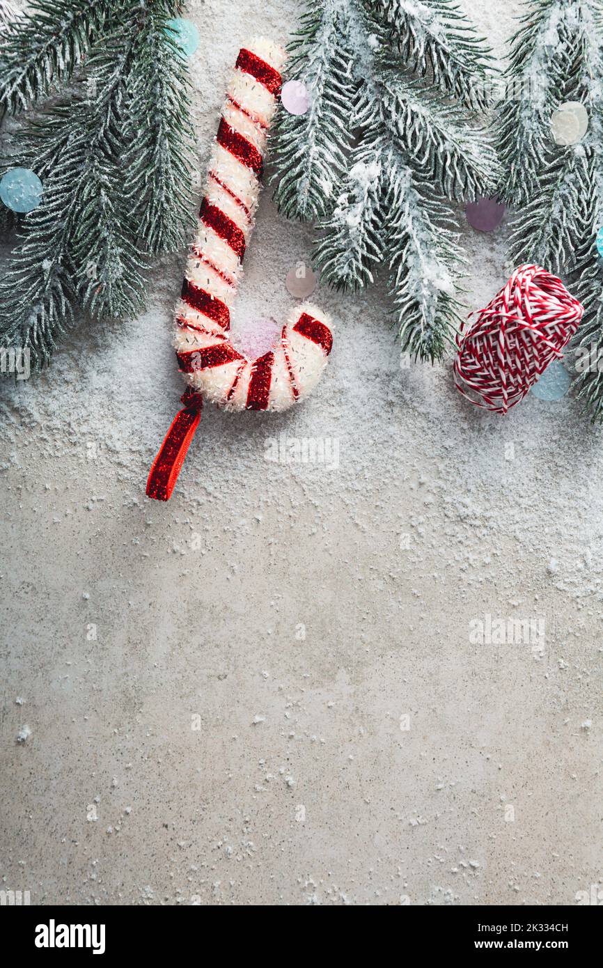 Christmas concept copy space background with branches and decorations top view Stock Photo