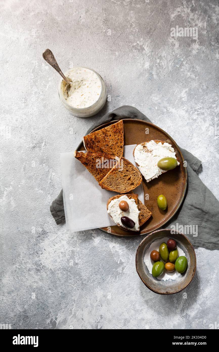 Top view of toasting bread and cream cheese snack breakfast food Stock Photo