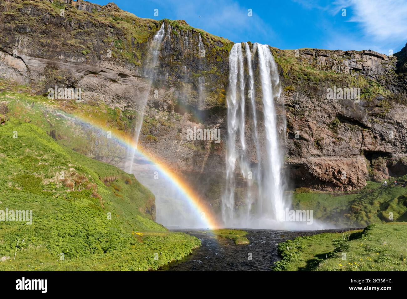 The waterfall Seljalandsfoss with a rainbow, famous landmark in southern Iceland Stock Photo