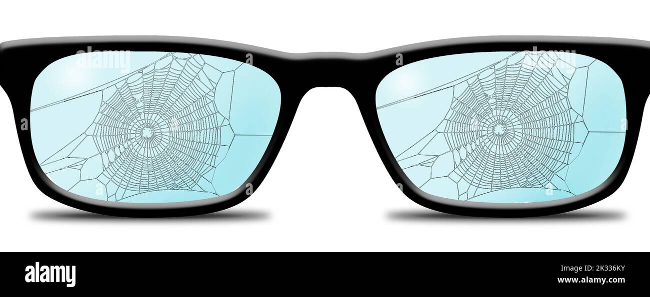 Spider webs are seen in or on a pair of old no longer used eyeglasses in a 3-d illustration about donating old eyeglasses to charity. Stock Photo