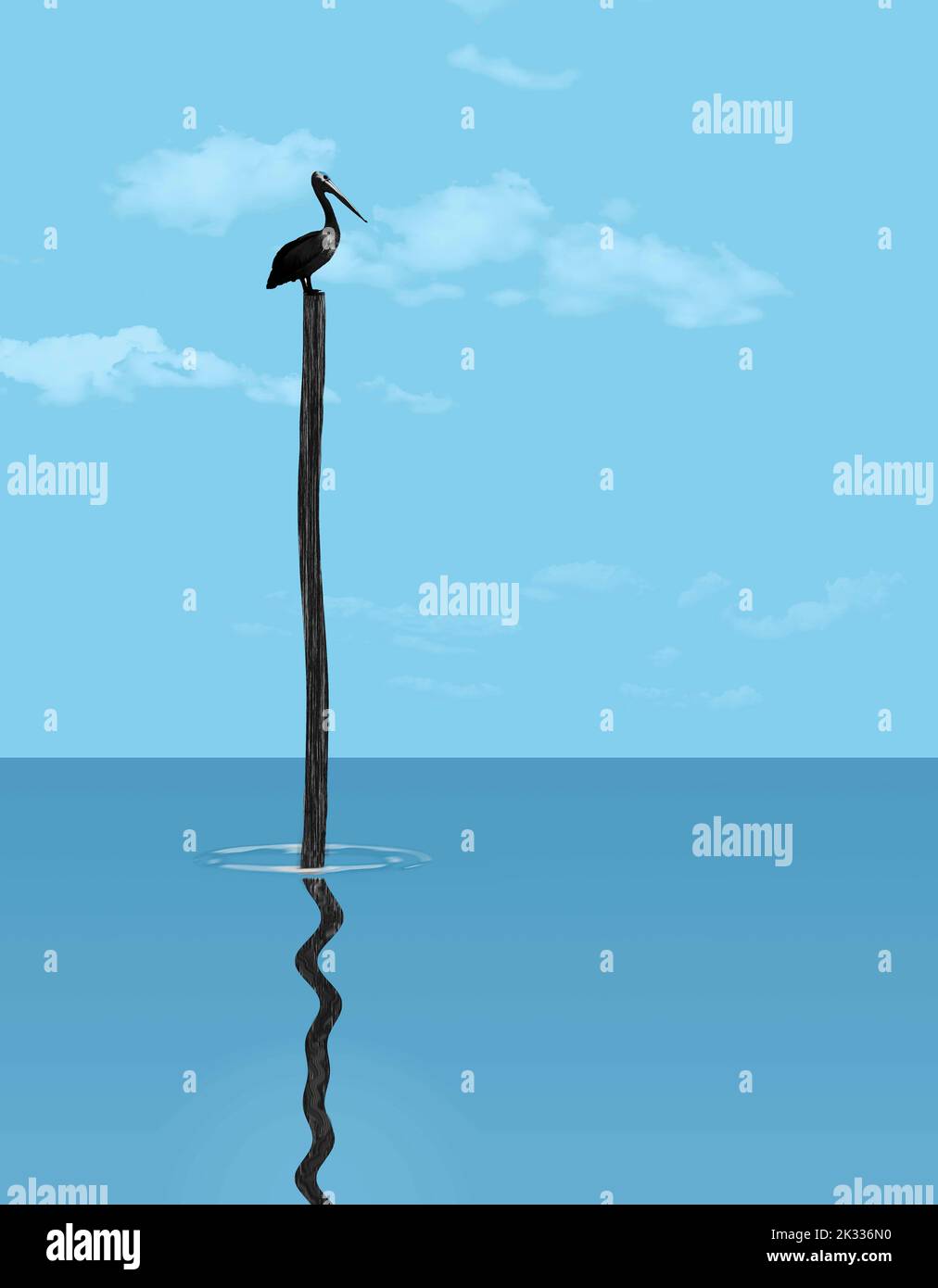 A lone brown pelican rests and perches on top of a tall wooden piling sticking up from the ocean surface in this 3-d illustration. Stock Photo