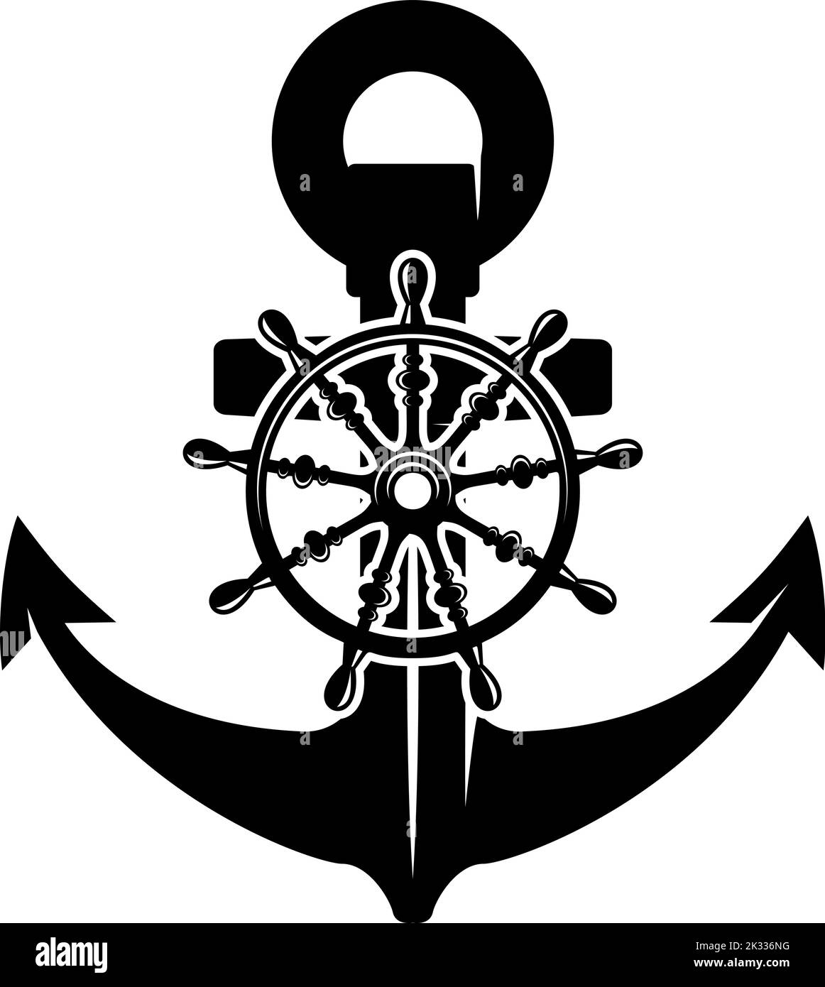 Illustration of an anchor with ship steering wheel in monochrome style. Design element for poster, card, banner, emblem, sign. Vector illustration Stock Vector
