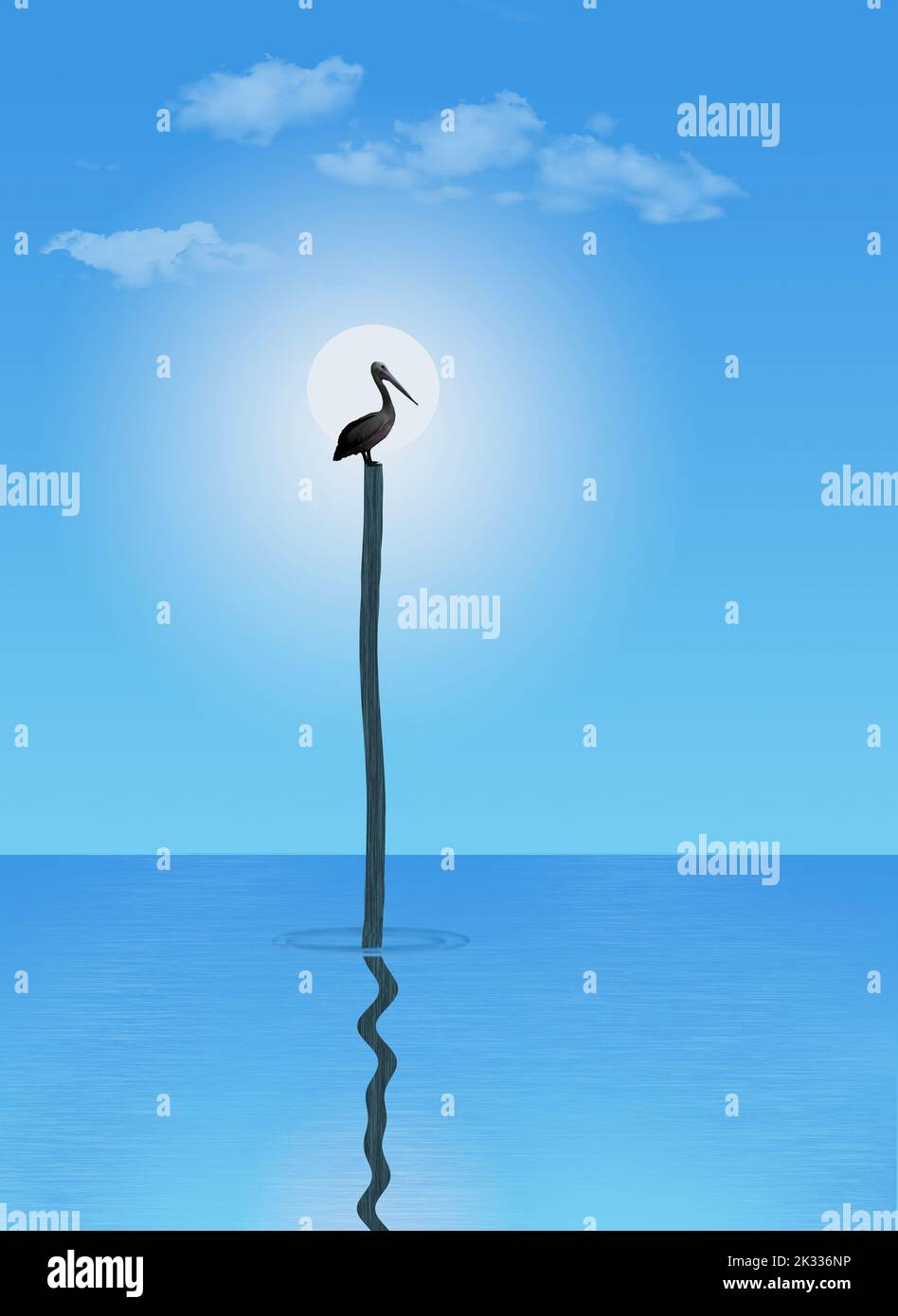 A lone brown pelican rests and perches on top of a tall wooden piling sticking up from the ocean surface with a bright sun behind in this 3-d illustra Stock Photo