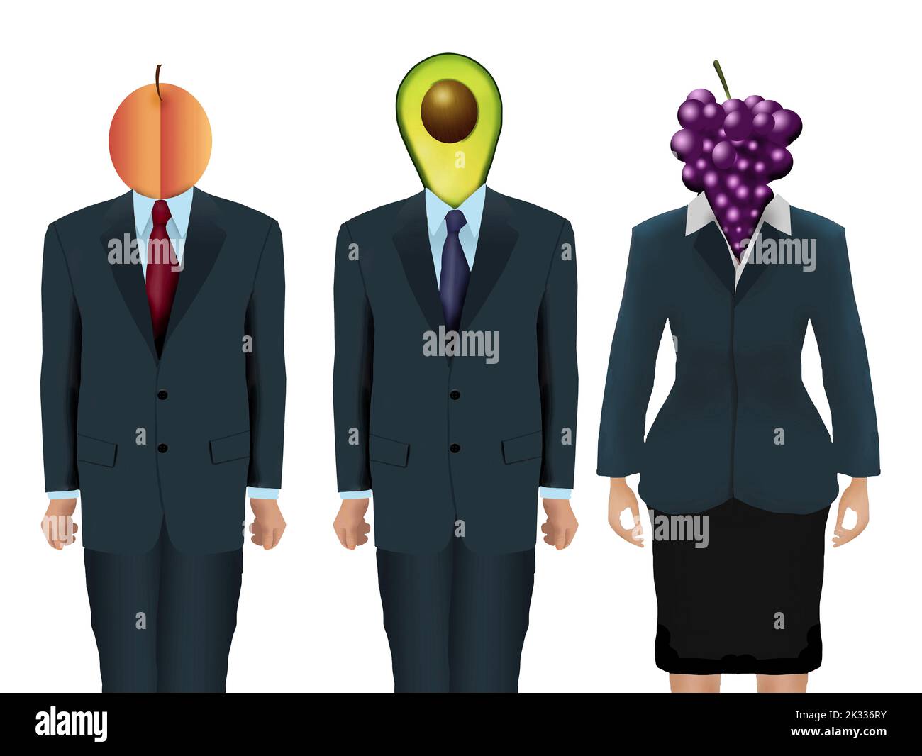 Vegan people are seen with fruit and vegetables for heads and faces in this 3-d illustration about being a vegetarian. Stock Photo