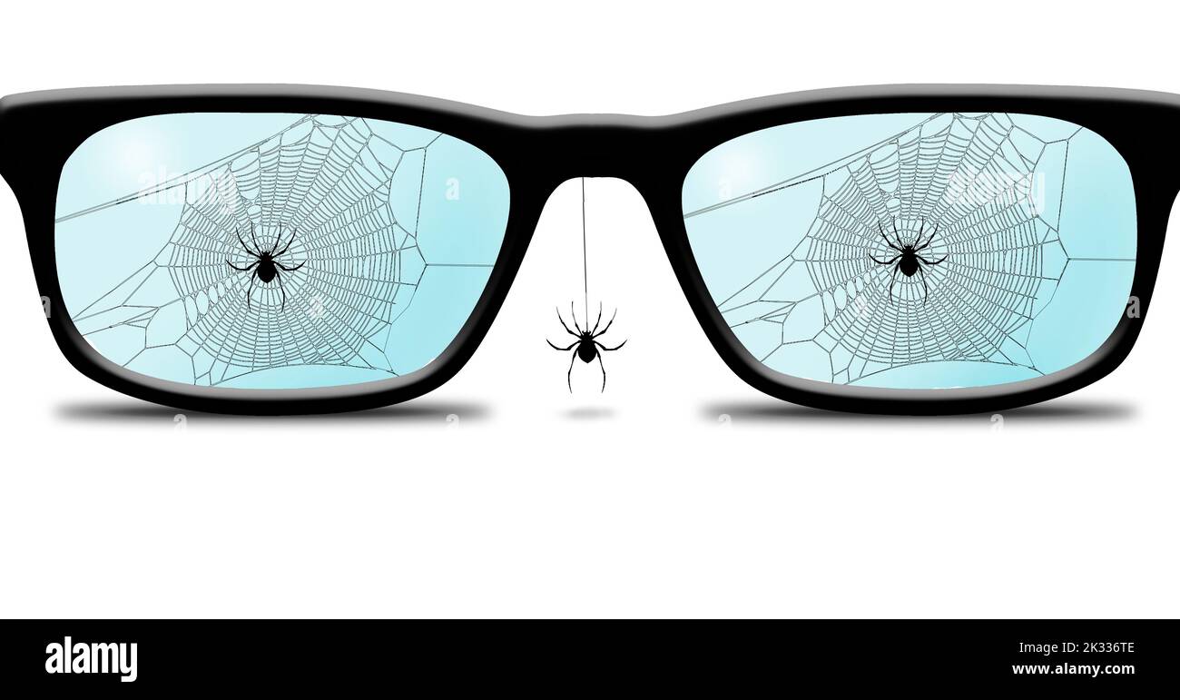 Spider webs and spiders are seen in or on a pair of old no longer used eyeglasses in a 3-d illustration about donating old eyeglasses to charity. Stock Photo