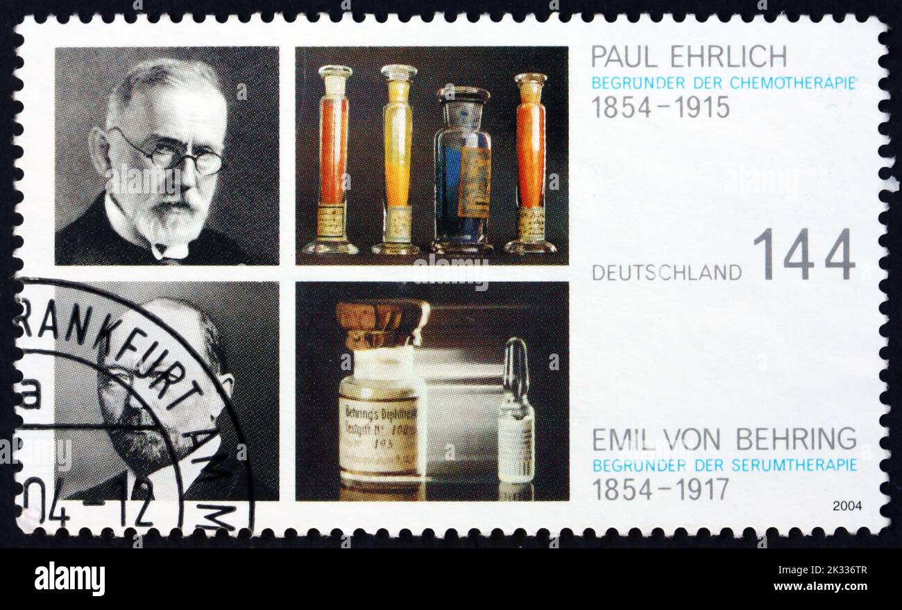 GERMANY - CIRCA 2004: a stamp printed in Germany shows Paul Ehrlich (1854-1915) and Emil von Behring (1854-1917), physicians, circa 2004 Stock Photo