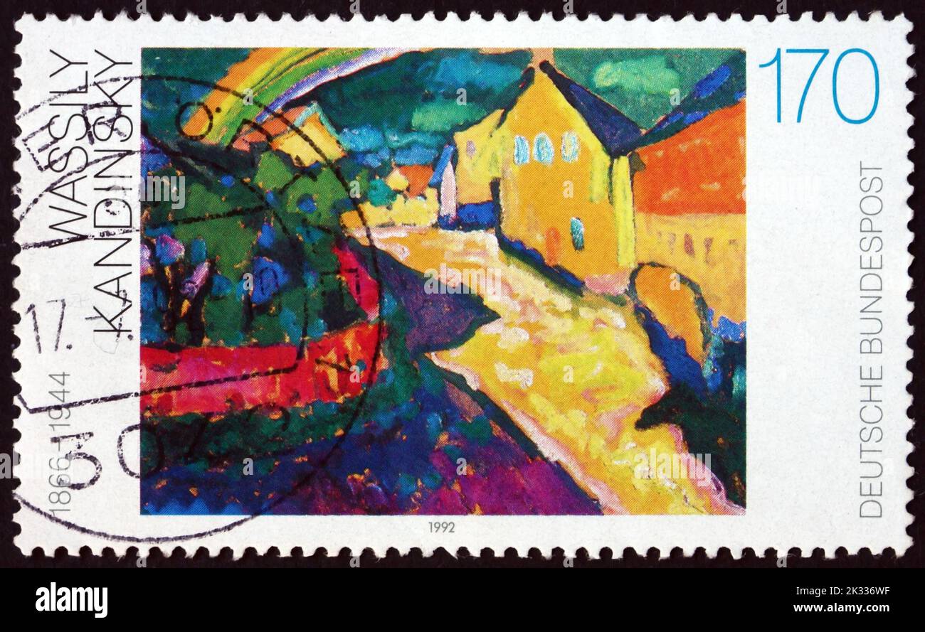 GERMANY - CIRCA 1992: a stamp printed in Germany shows Murnau with a Rainbow, painting by Vassily Kandinsky, Russian painter, circa 1992 Stock Photo