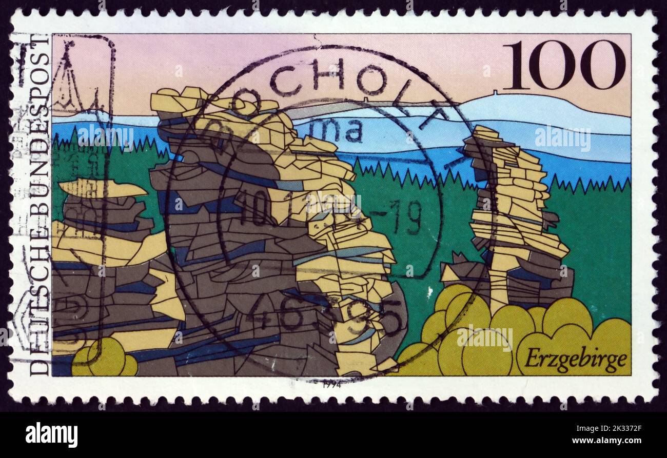 GERMANY - CIRCA 1993: a stamp printed in Germany shows Ore Mountains (Erzgebirge), Scenic Region in Germany, circa 1993 Stock Photo