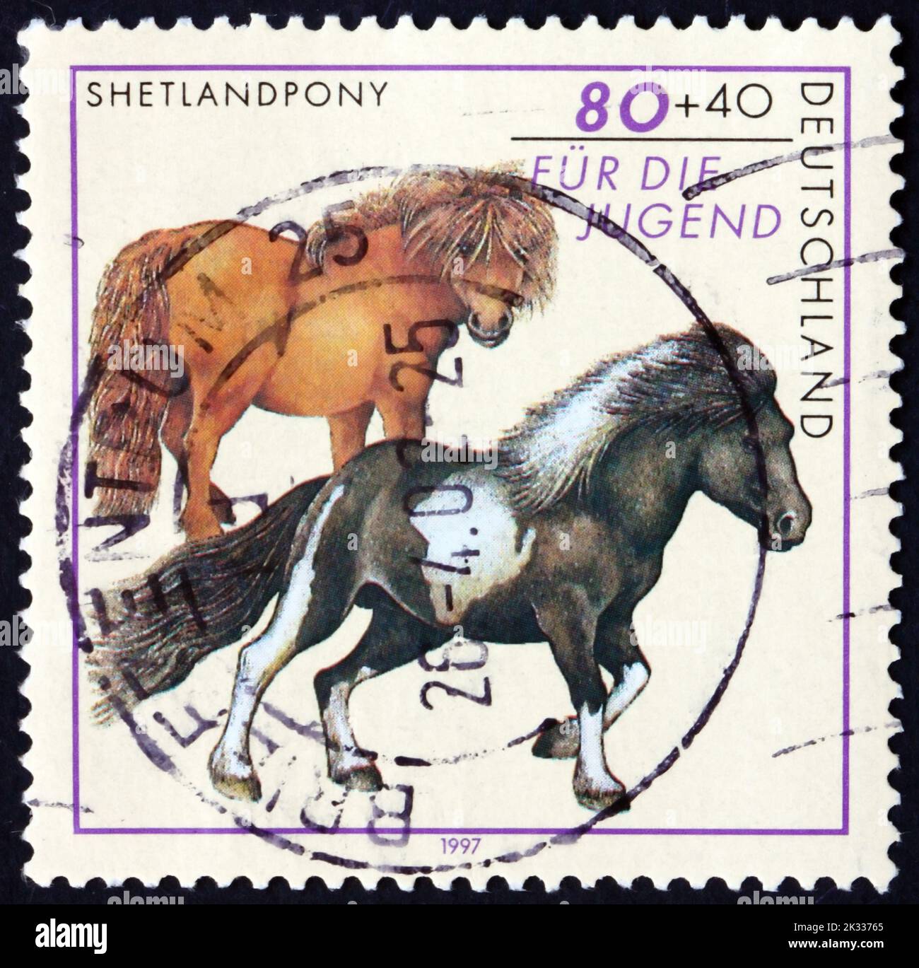 GERMANY - CIRCA 1997: a stamp printed in Germany shows Shetland pony, horse, circa 1997 Stock Photo