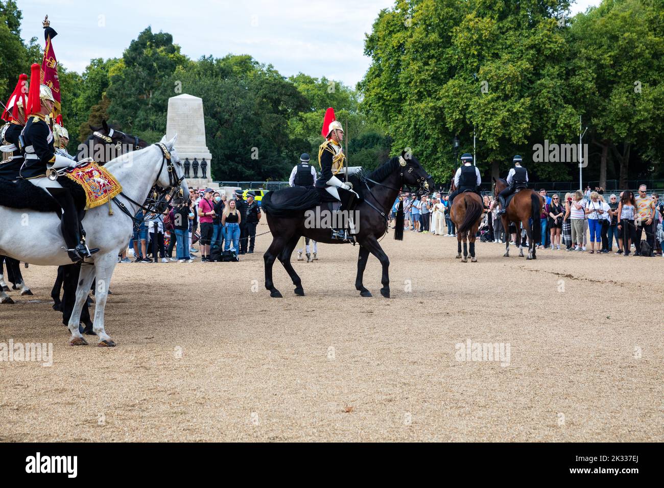 The Household Cavalry in Horseguards Parade, London, uk, which are formed of The Life Guards and Blues and Royals Stock Photo