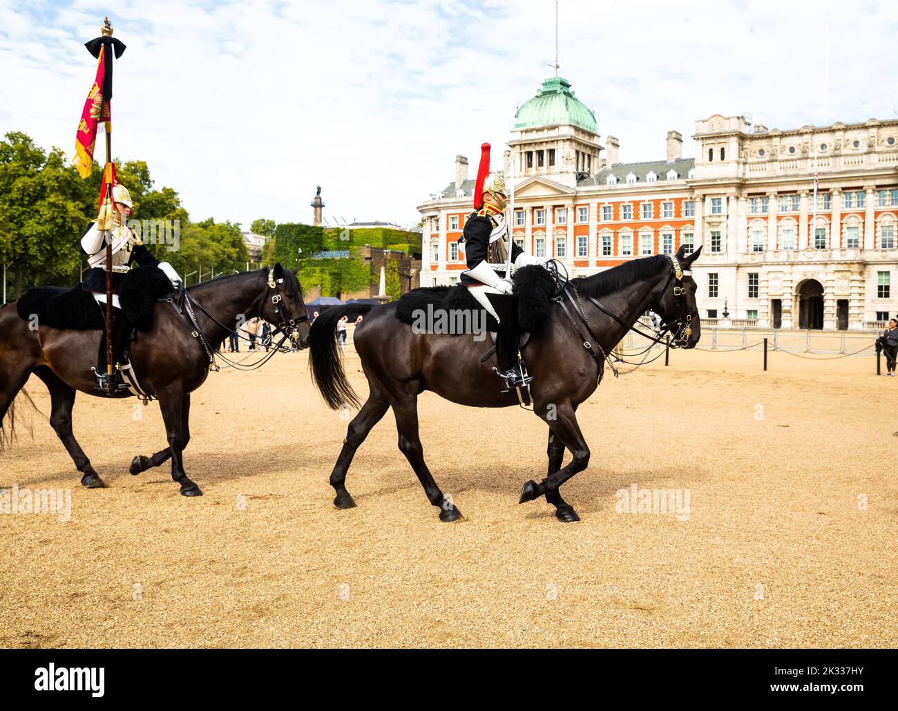 The Household Cavalry in Horseguards Parade, London, uk, which are formed of The Life Guards and Blues and Royals Stock Photo